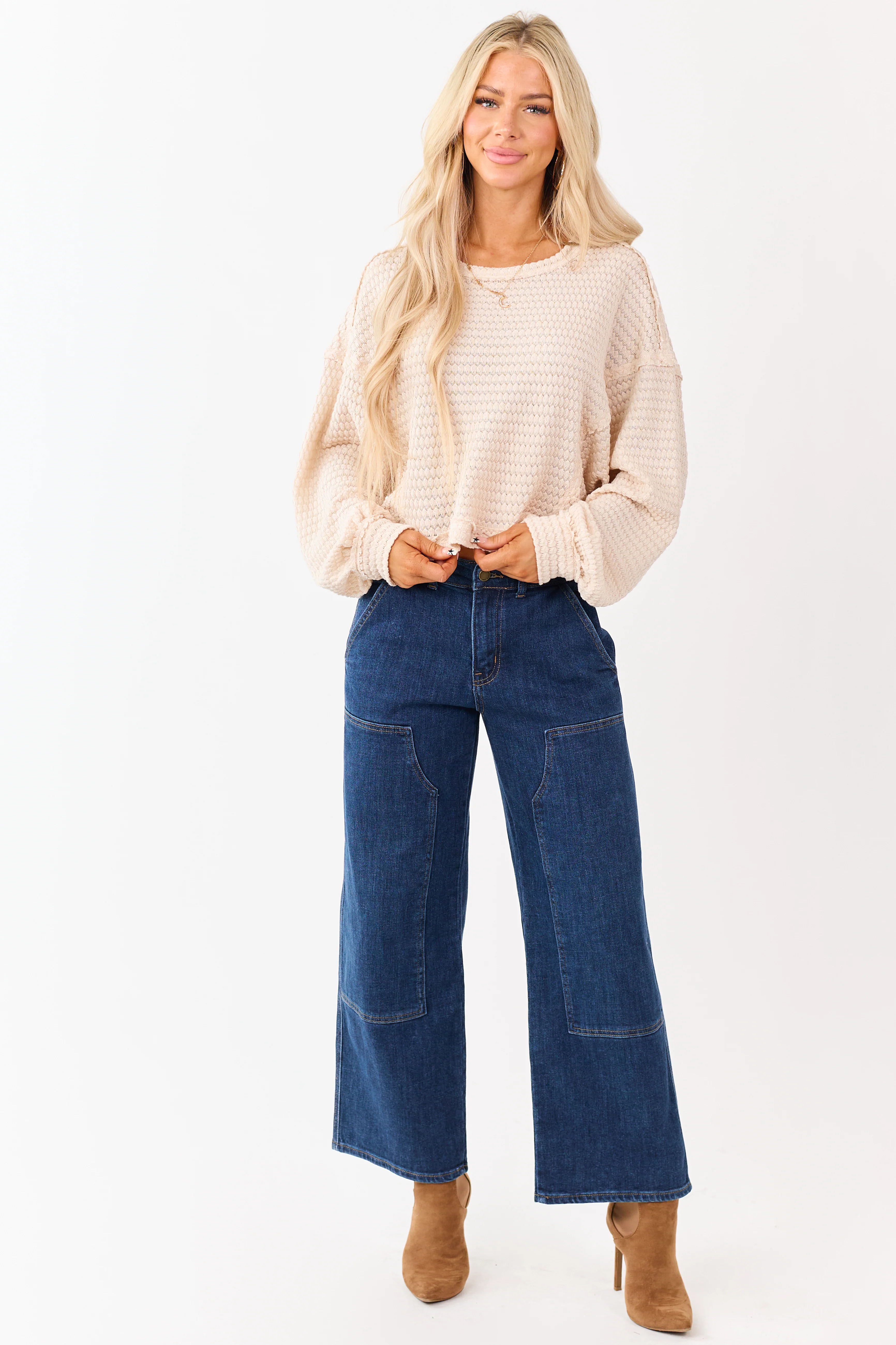 Dark Wash Patch Detail Stretchy Wide Leg Jeans - Image 5