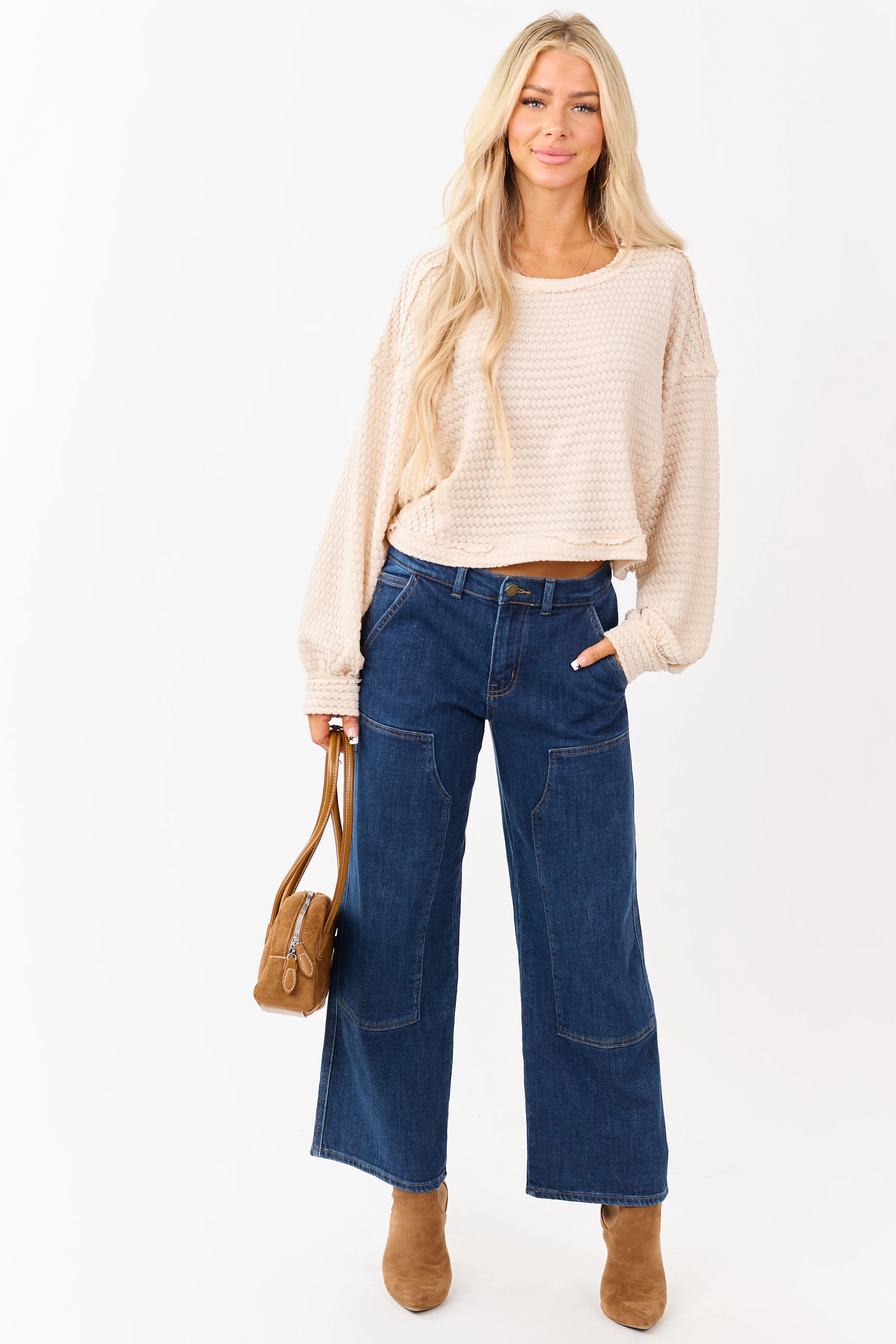 Dark Wash Patch Detail Stretchy Wide Leg Jeans - Image 6