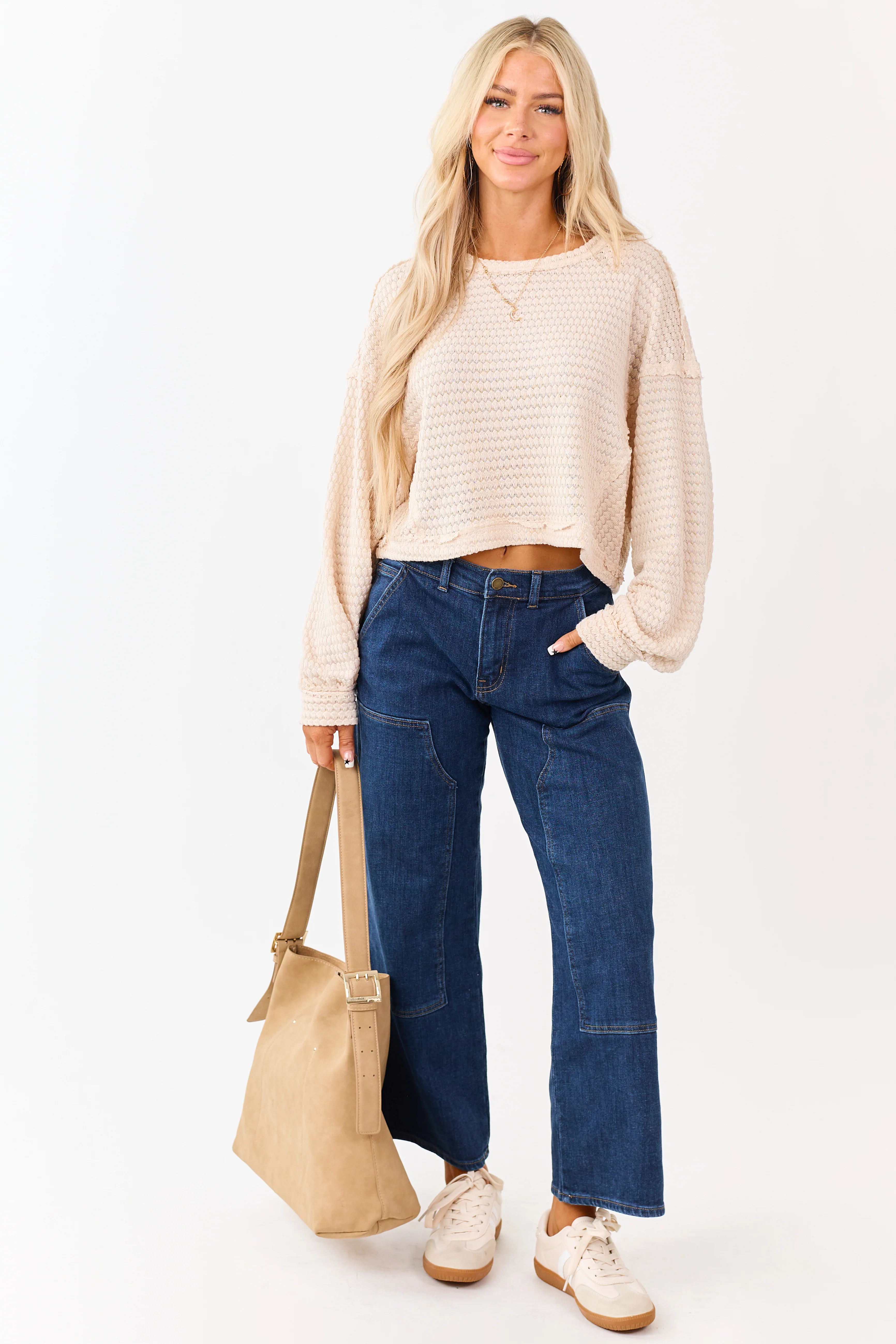 Dark Wash Patch Detail Stretchy Wide Leg Jeans - Image 7