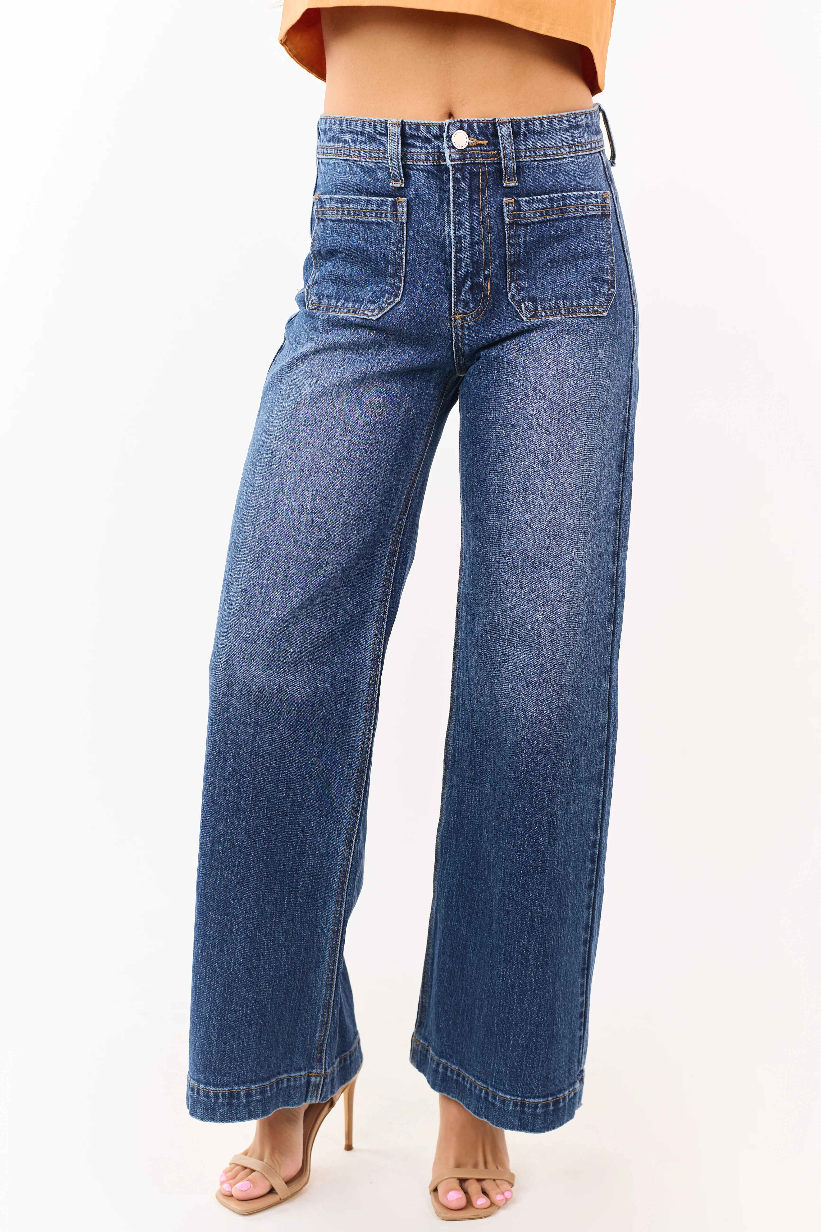 Dark Wash Patch Pocket High Rise Wide Leg Jeans - Image 2