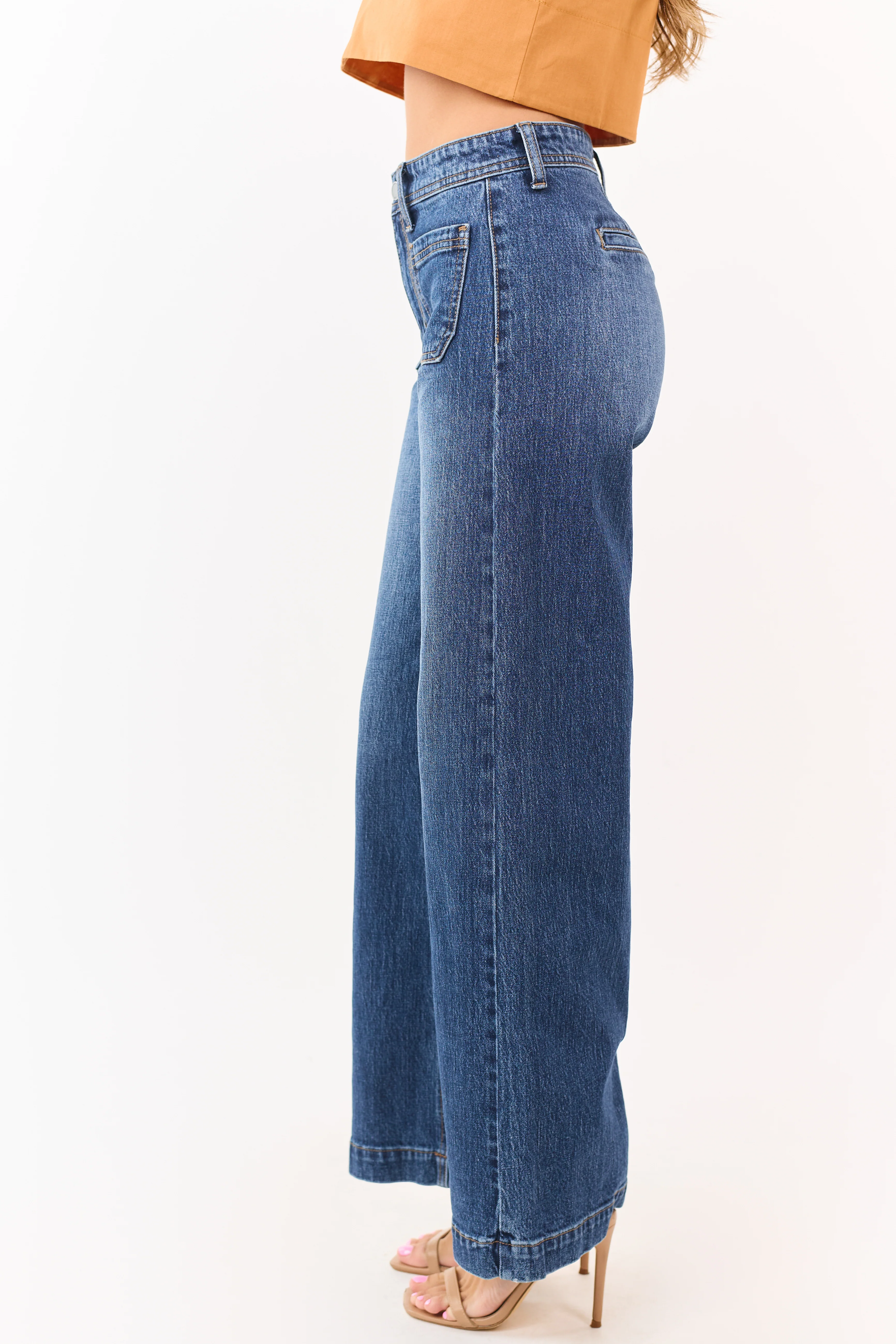 Dark Wash Patch Pocket High Rise Wide Leg Jeans - Image 3