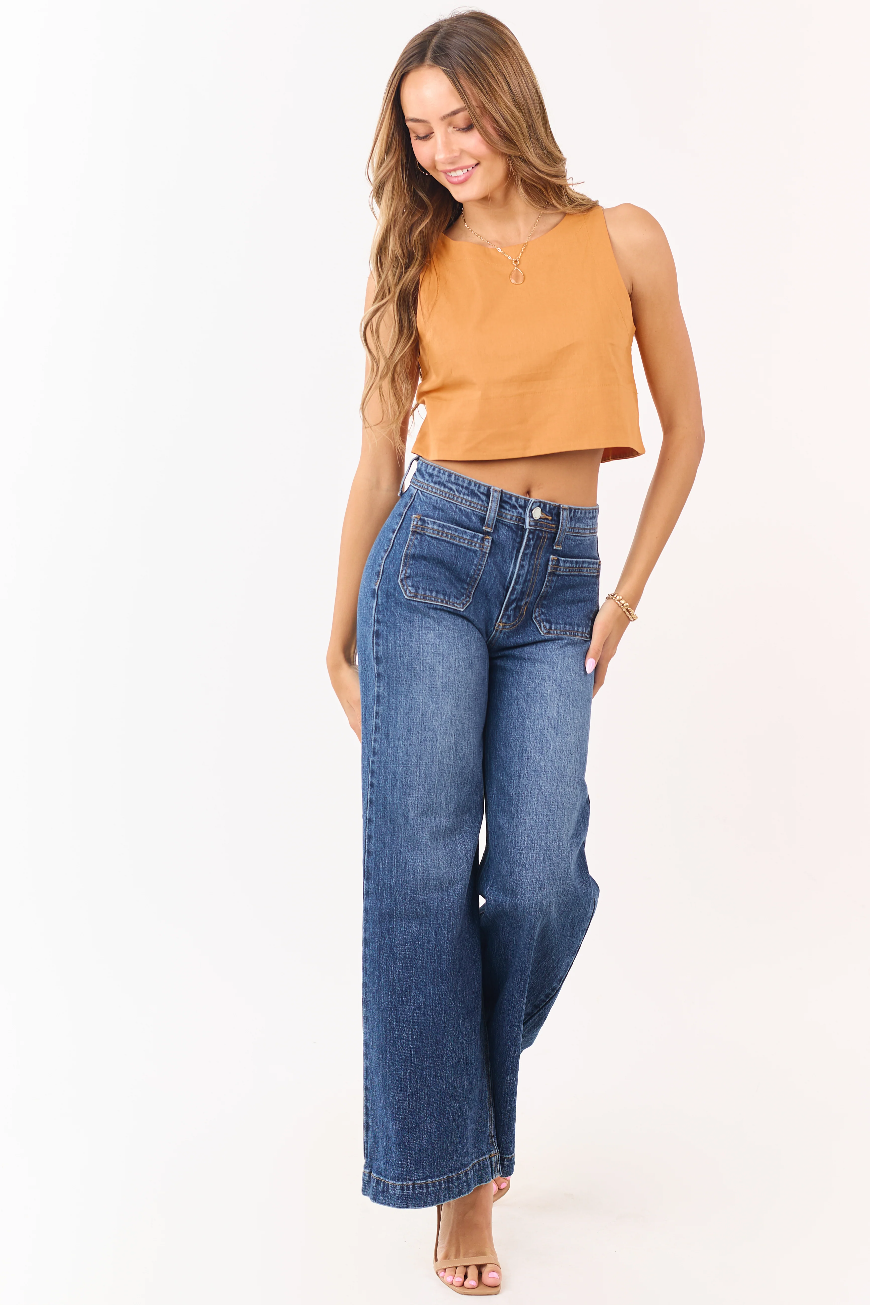 Dark Wash Patch Pocket High Rise Wide Leg Jeans - Image 5