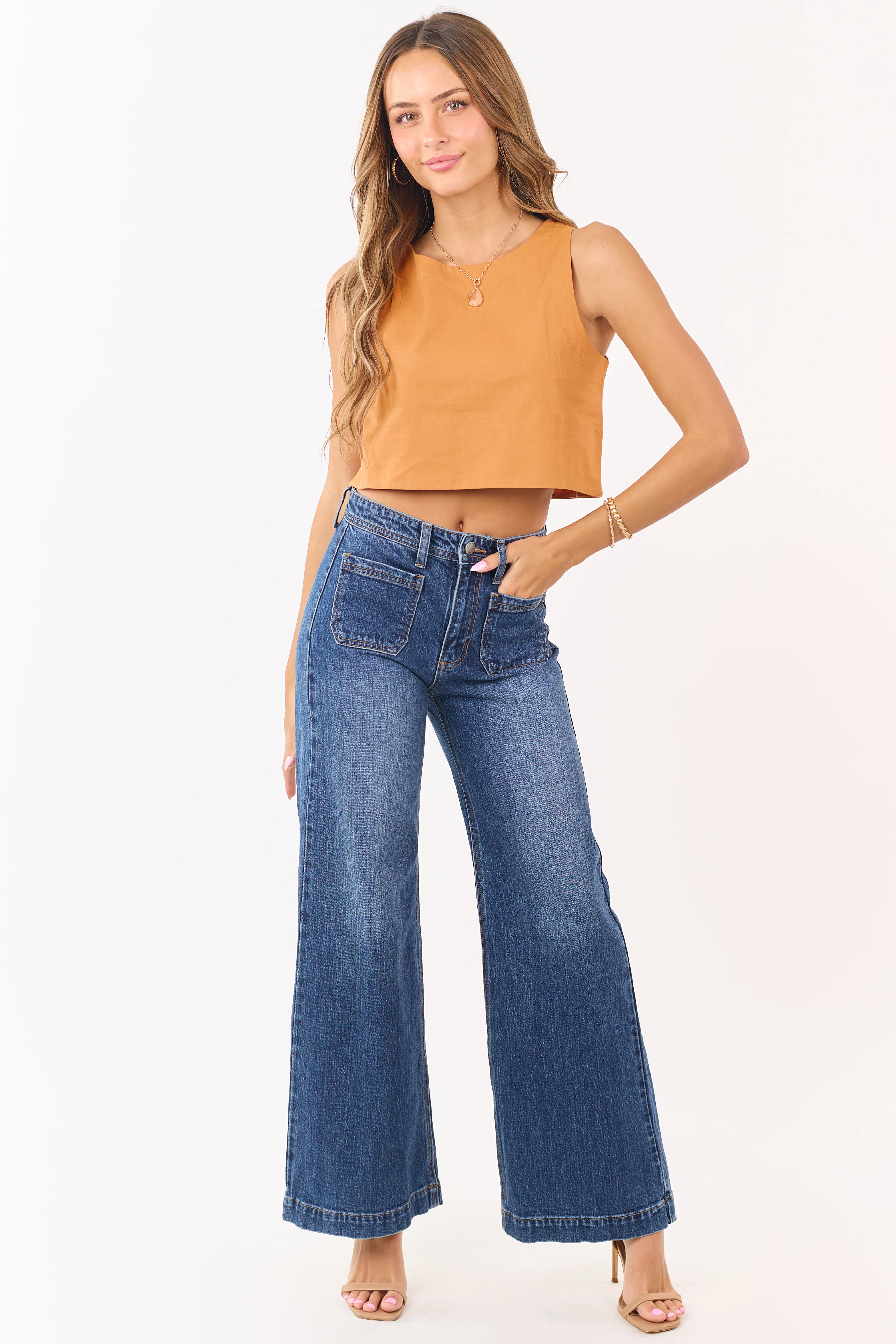 Dark Wash Patch Pocket High Rise Wide Leg Jeans - Image 6