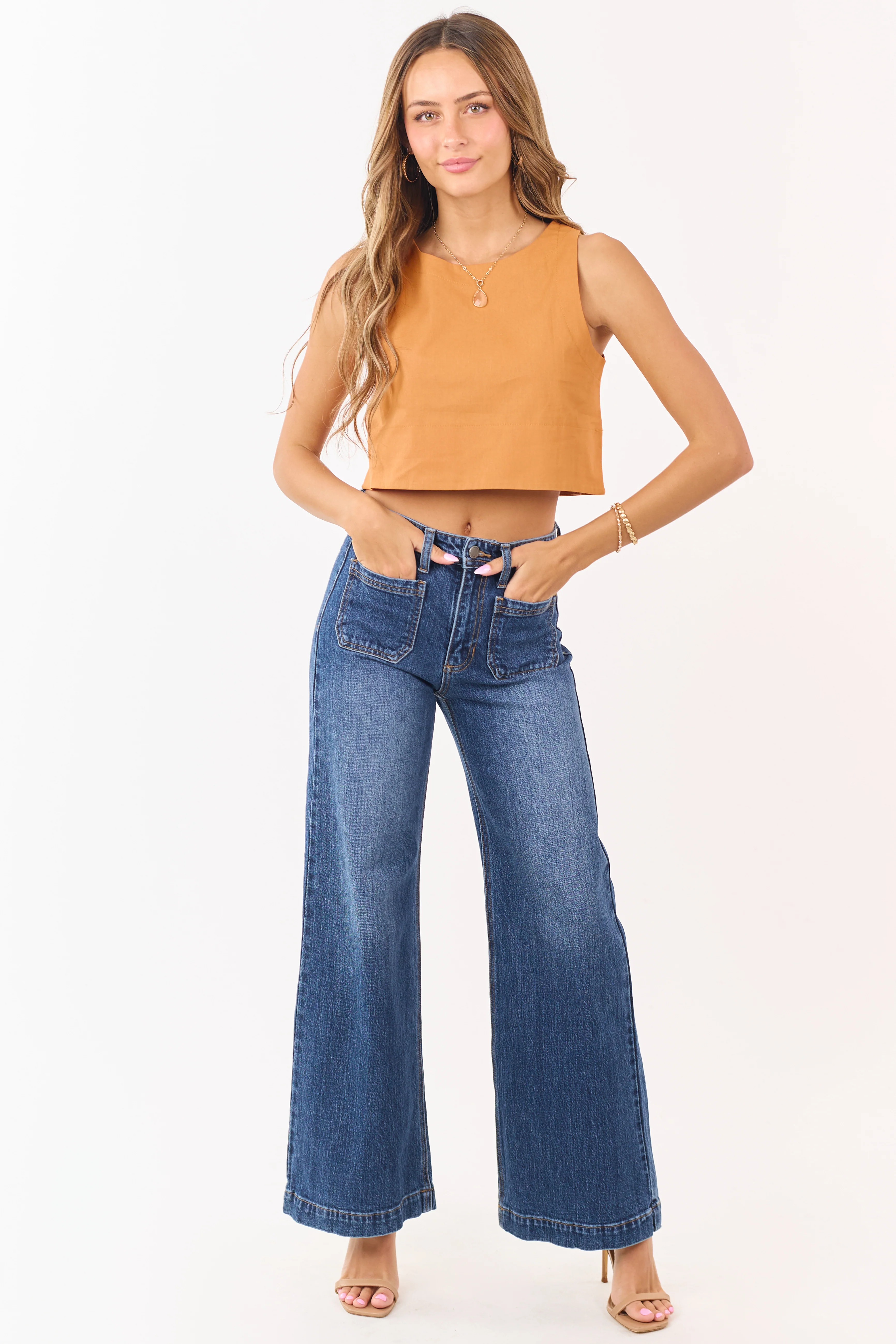 Dark Wash Patch Pocket High Rise Wide Leg Jeans - Image 7