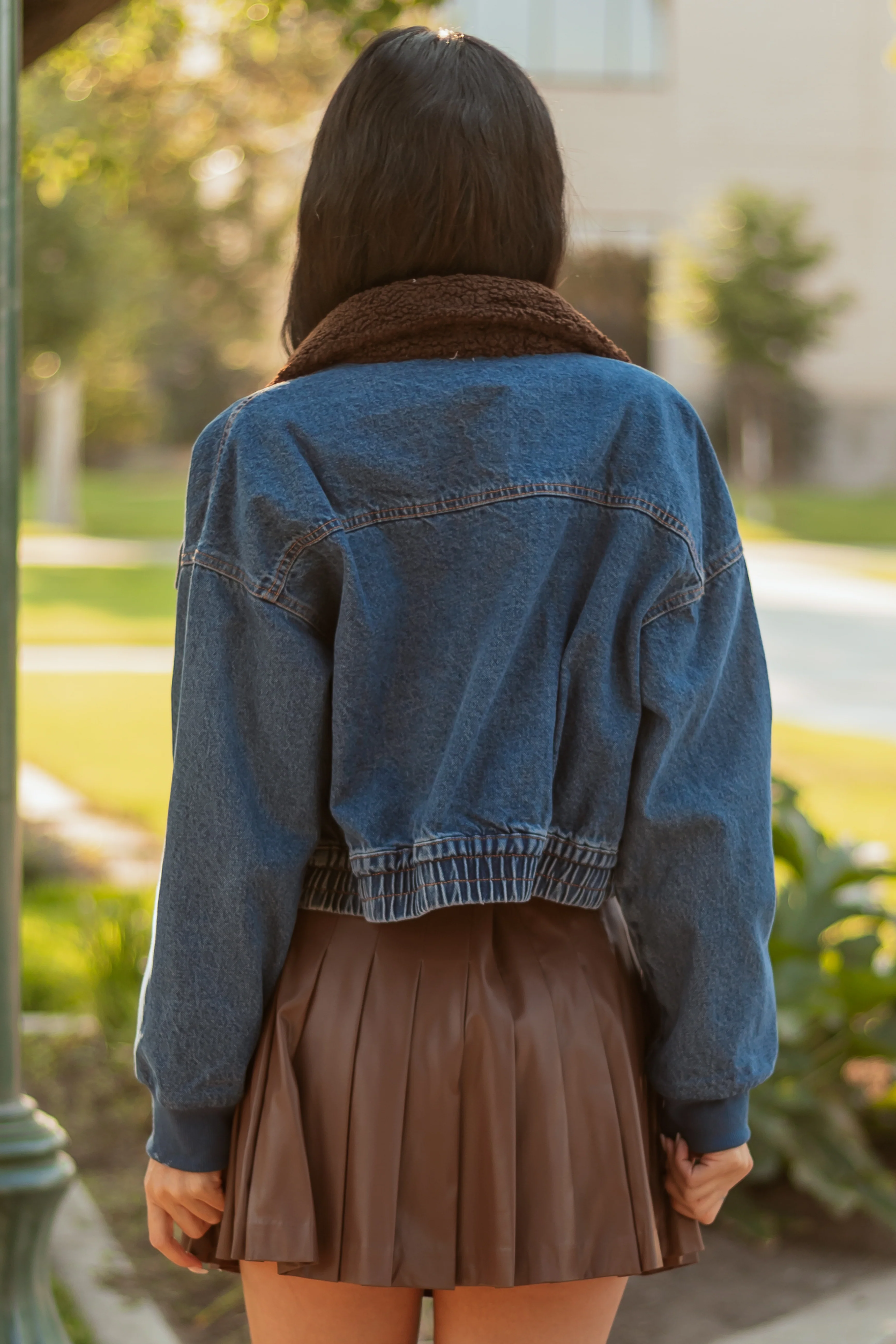 Dark Wash Sherpa Collar Denim Zip Up Bomber Jacket - Image 4