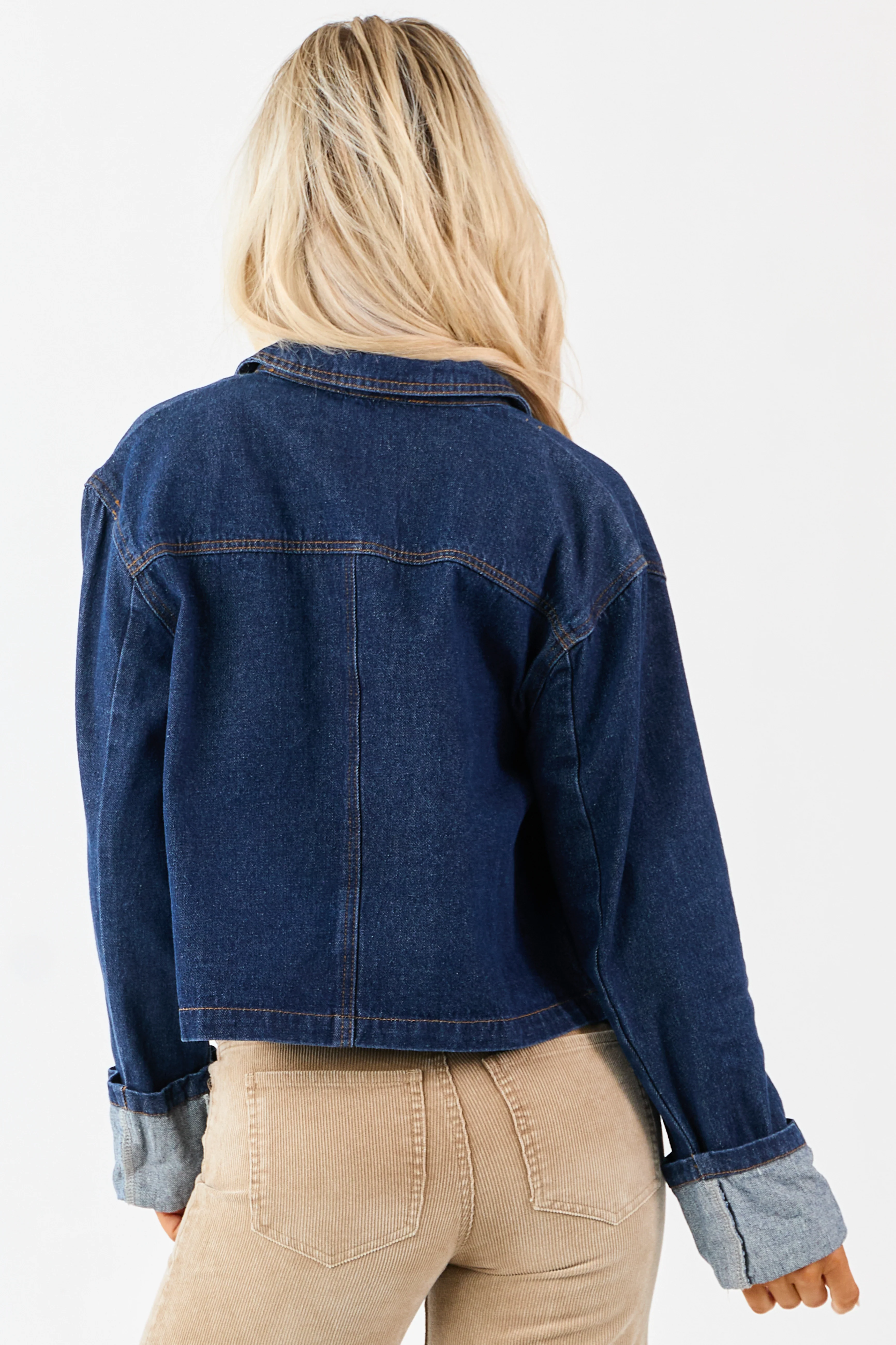 Dark Wash Slightly Cropped Denim Jacket - Image 5
