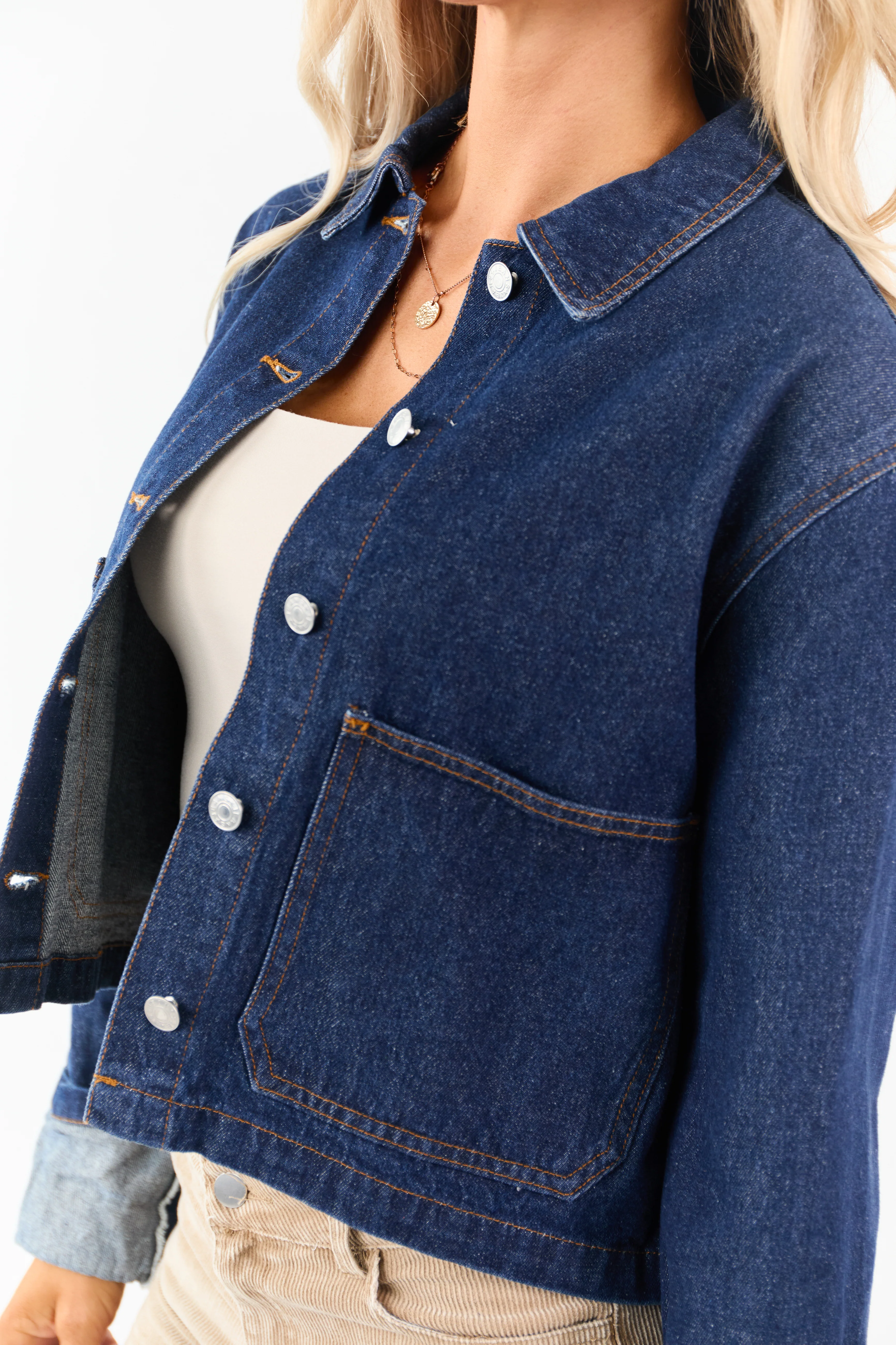 Dark Wash Slightly Cropped Denim Jacket - Image 6