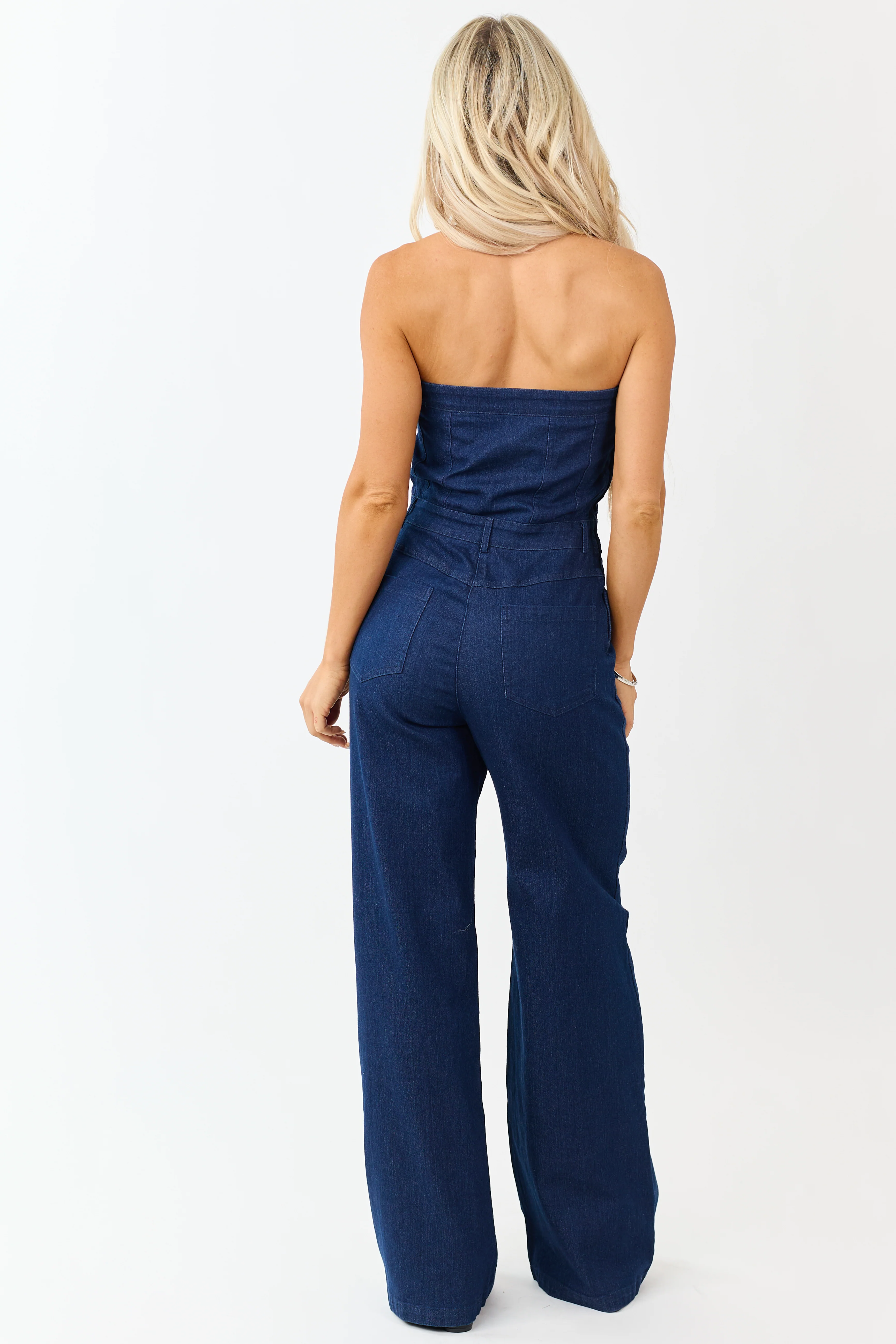Dark Wash Stretchy Denim Strapless Jumpsuit - Image 5