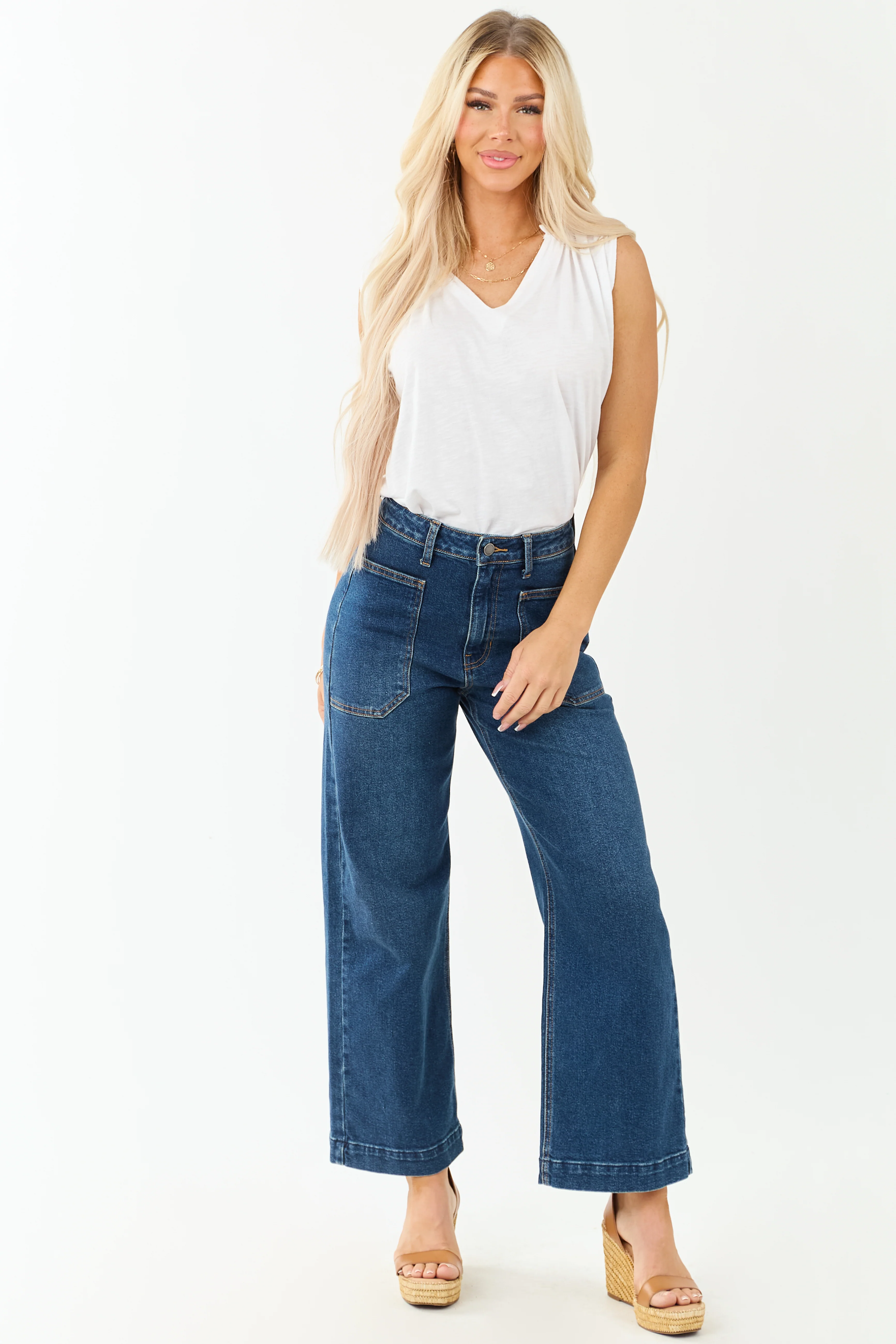 Dark Wash Stretchy Wide Leg Utility Jeans - Image 5