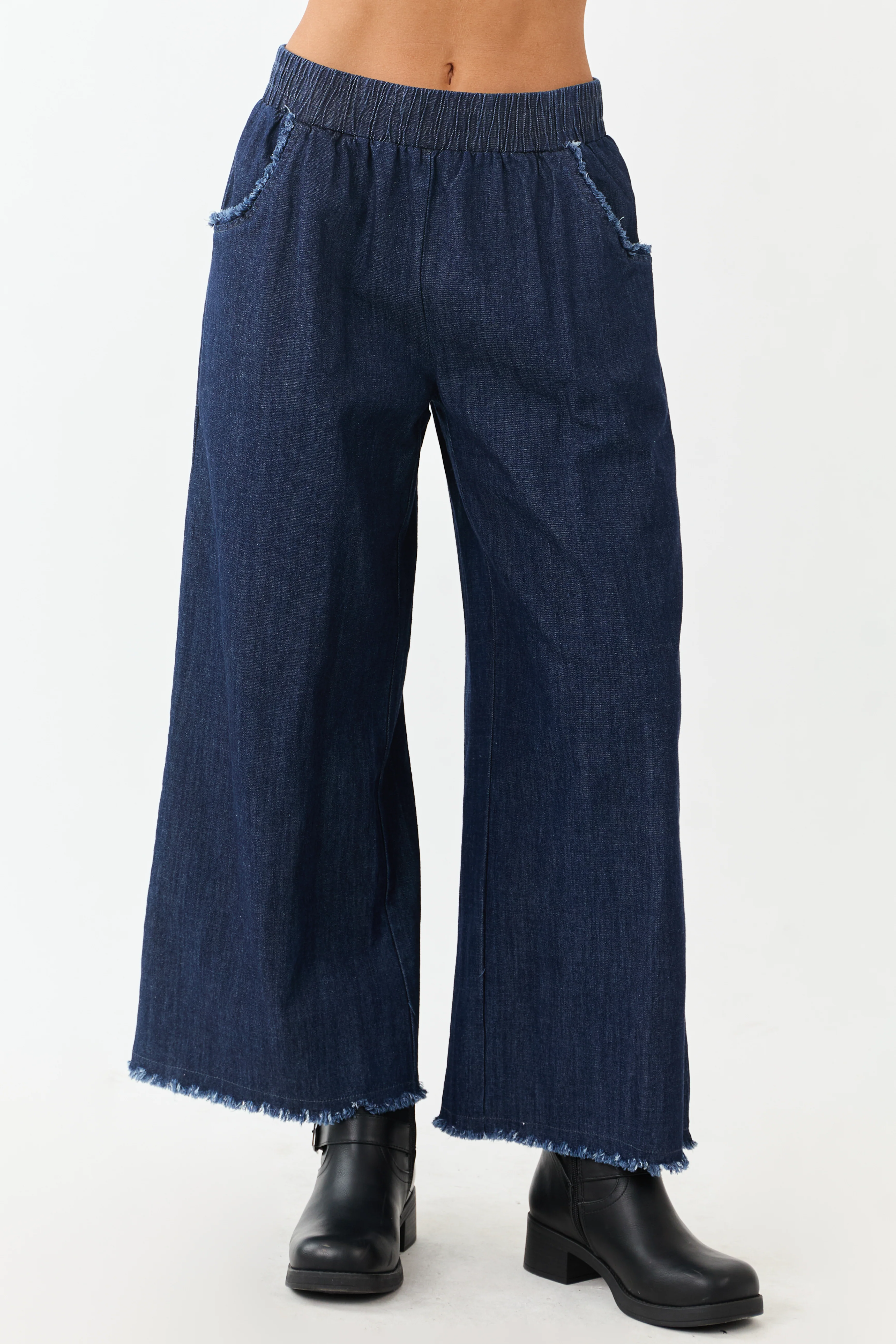 Dark Wash Wide Leg Cropped Chambray Pants - Image 2