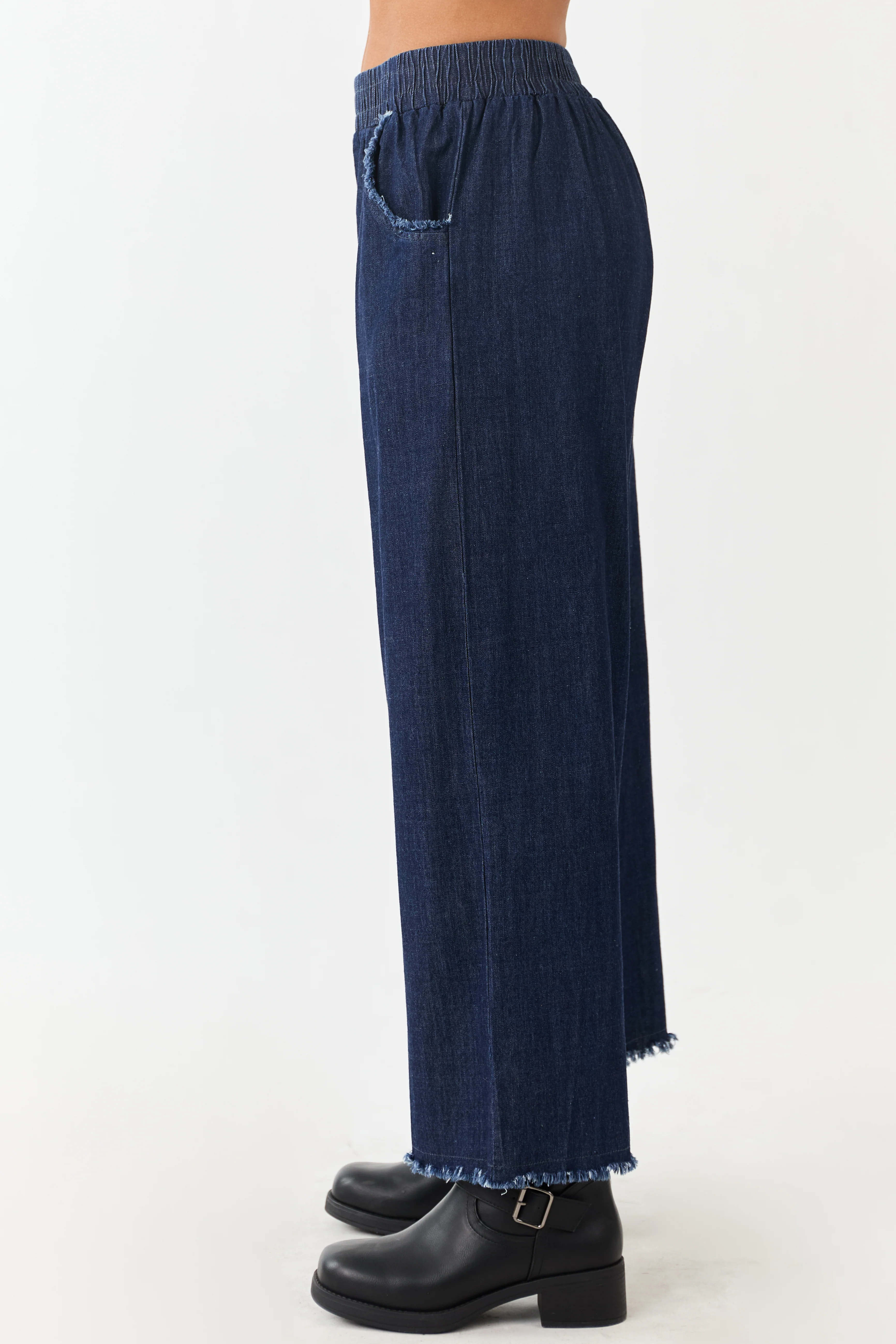 Dark Wash Wide Leg Cropped Chambray Pants - Image 3