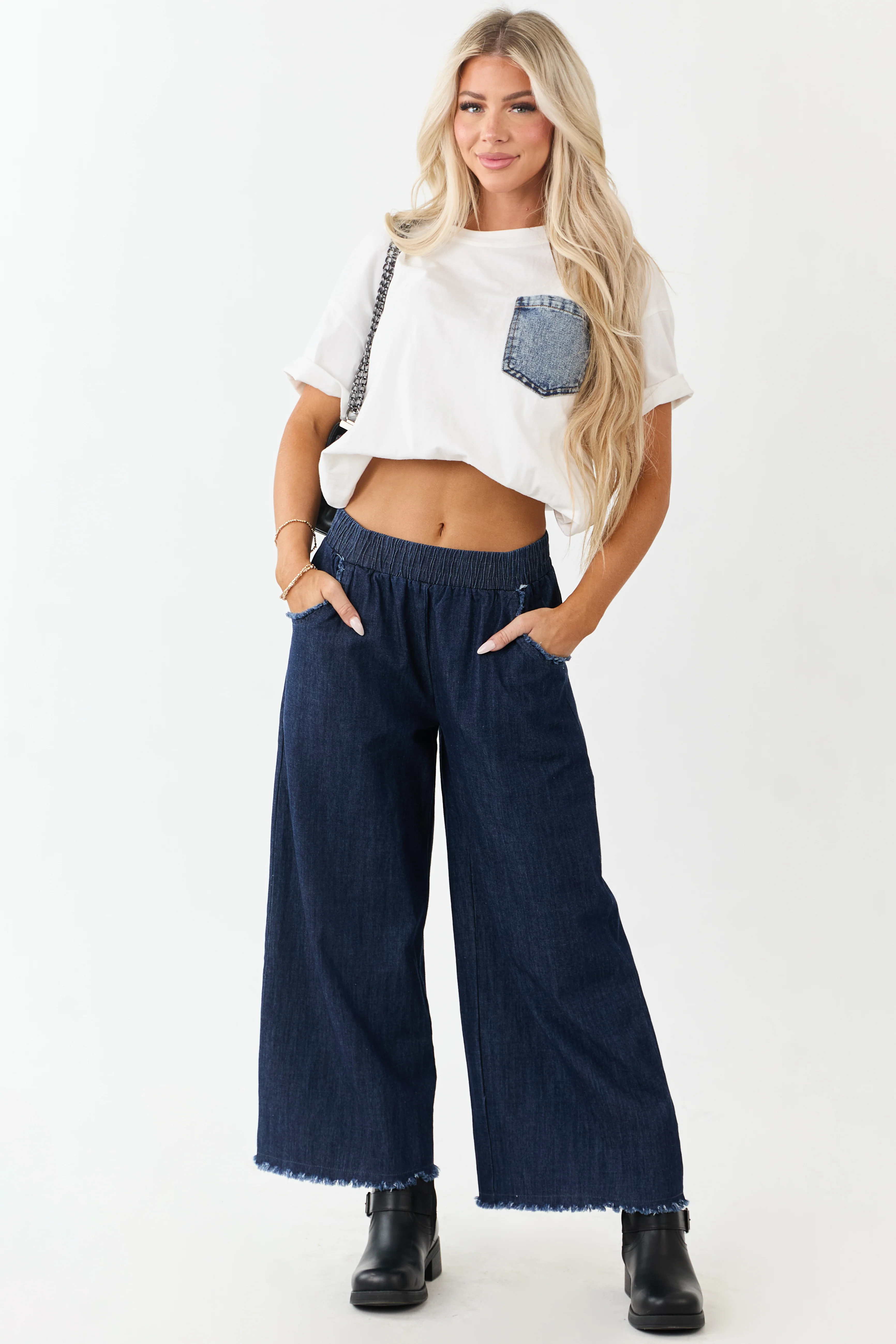 Dark Wash Wide Leg Cropped Chambray Pants - Image 5