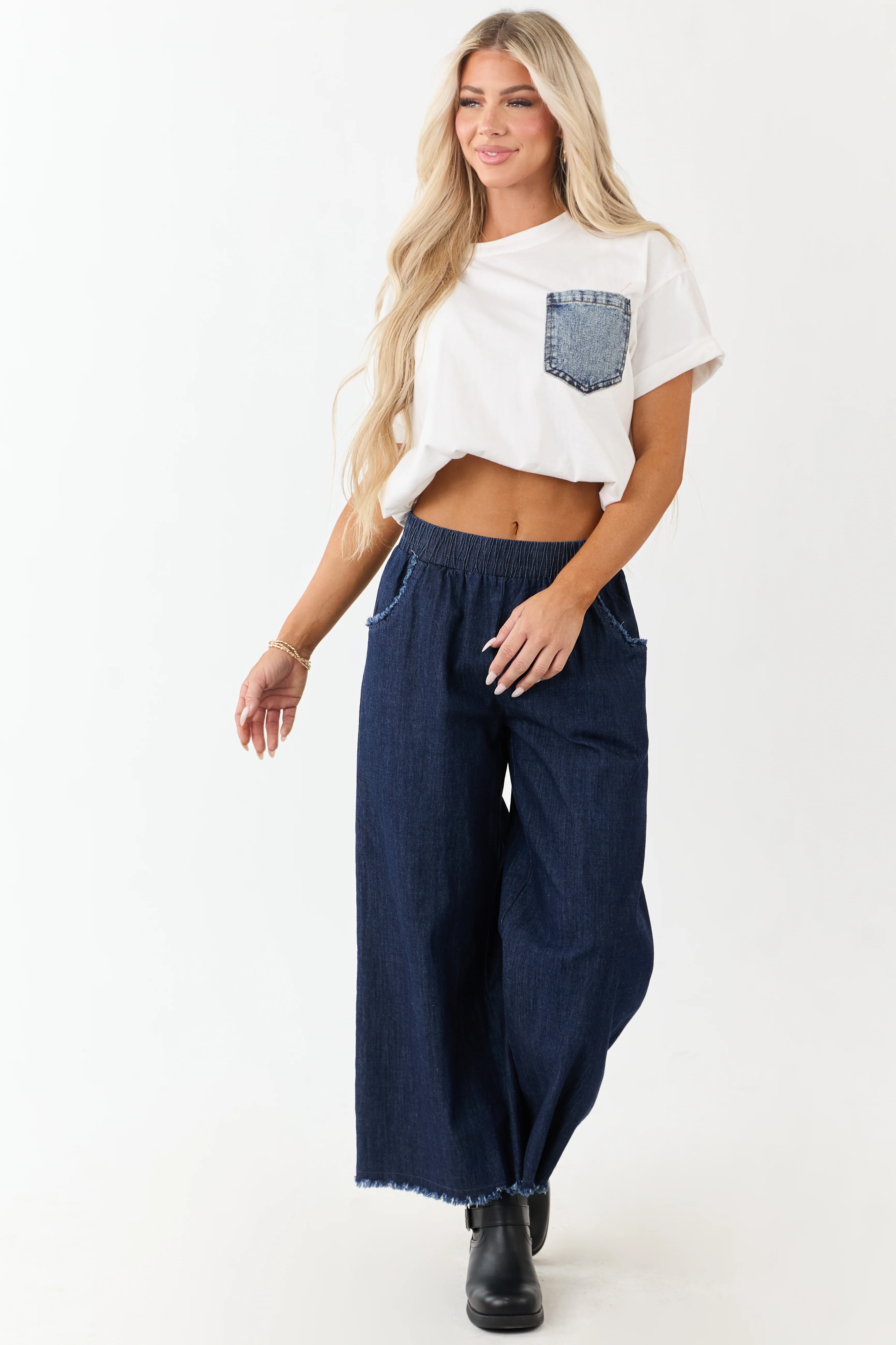 Dark Wash Wide Leg Cropped Chambray Pants - Image 6