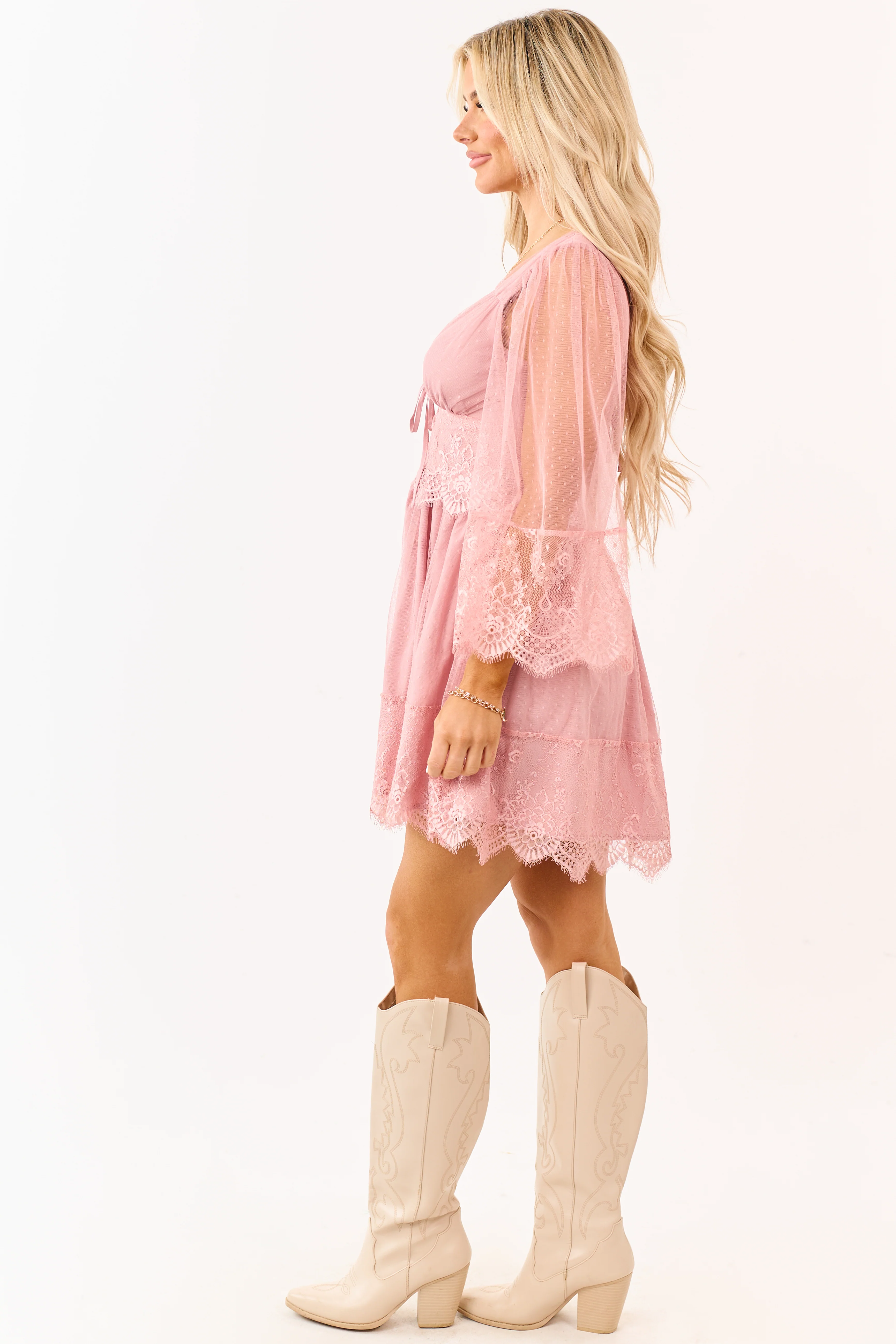 Deep Dusty Blush Dotted Lace Open Back Mini Dress - Image 5