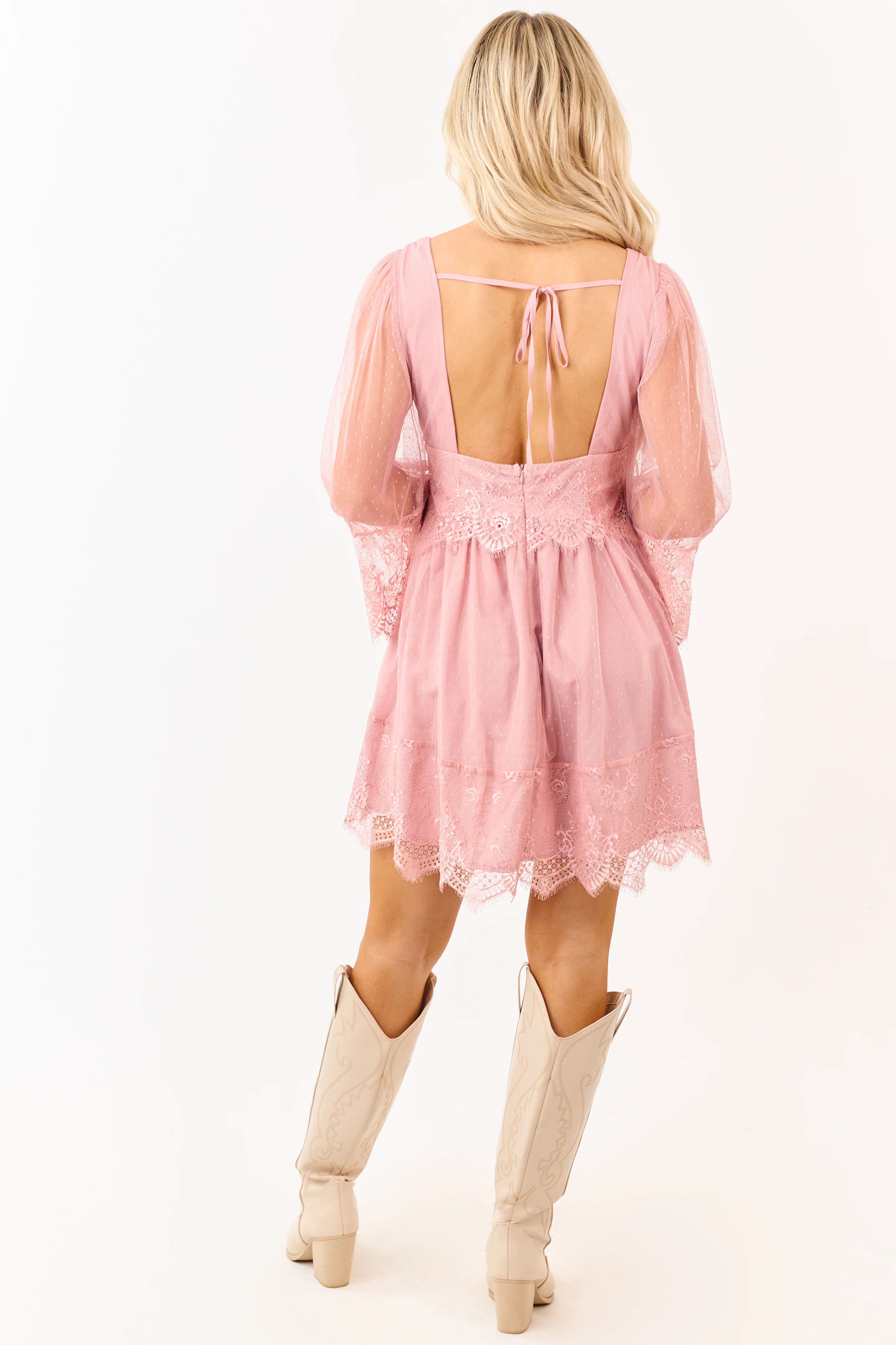 Deep Dusty Blush Dotted Lace Open Back Mini Dress - Image 6