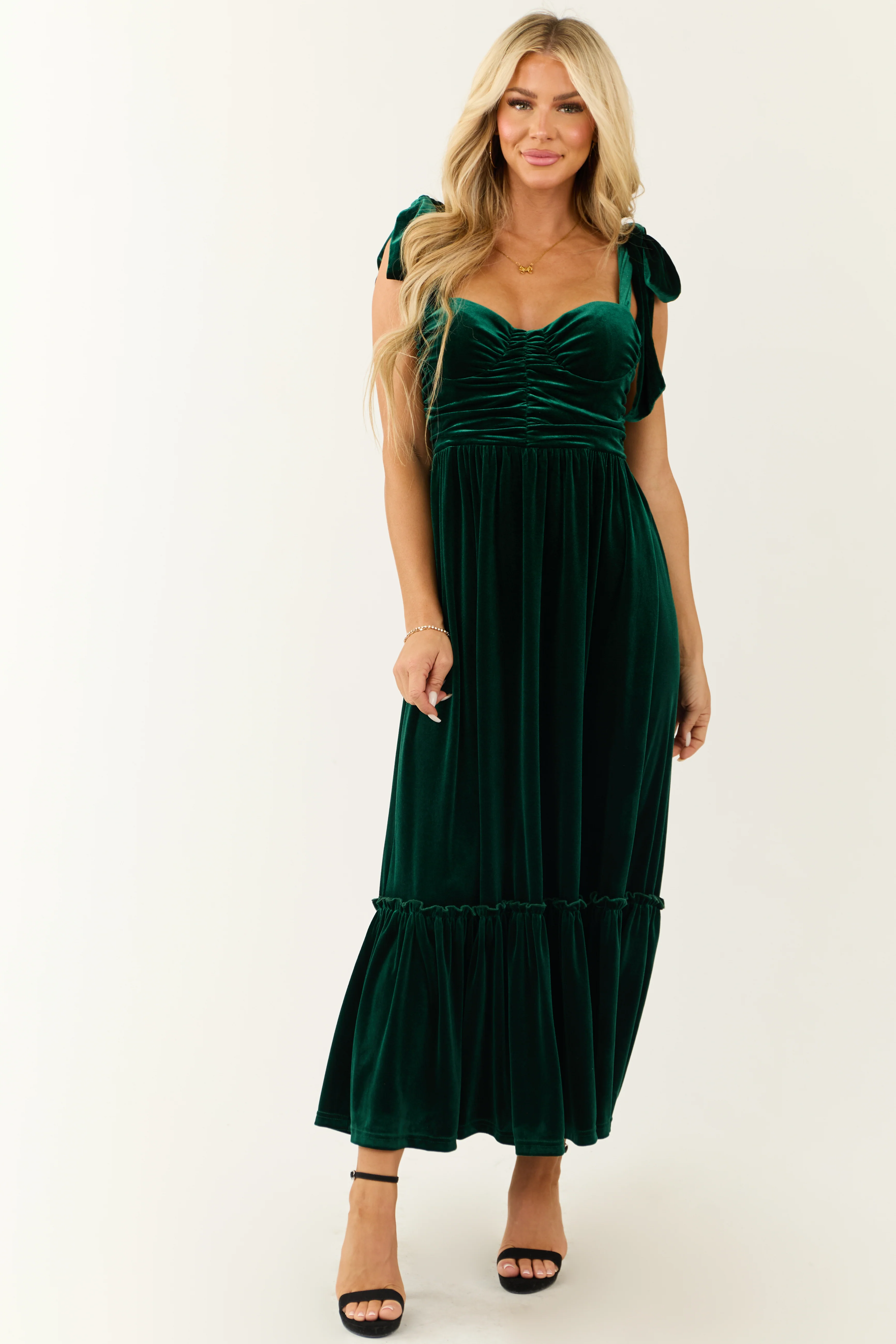 Deep Pine Velvet Tie Straps Ruched Maxi Dress - Image 2