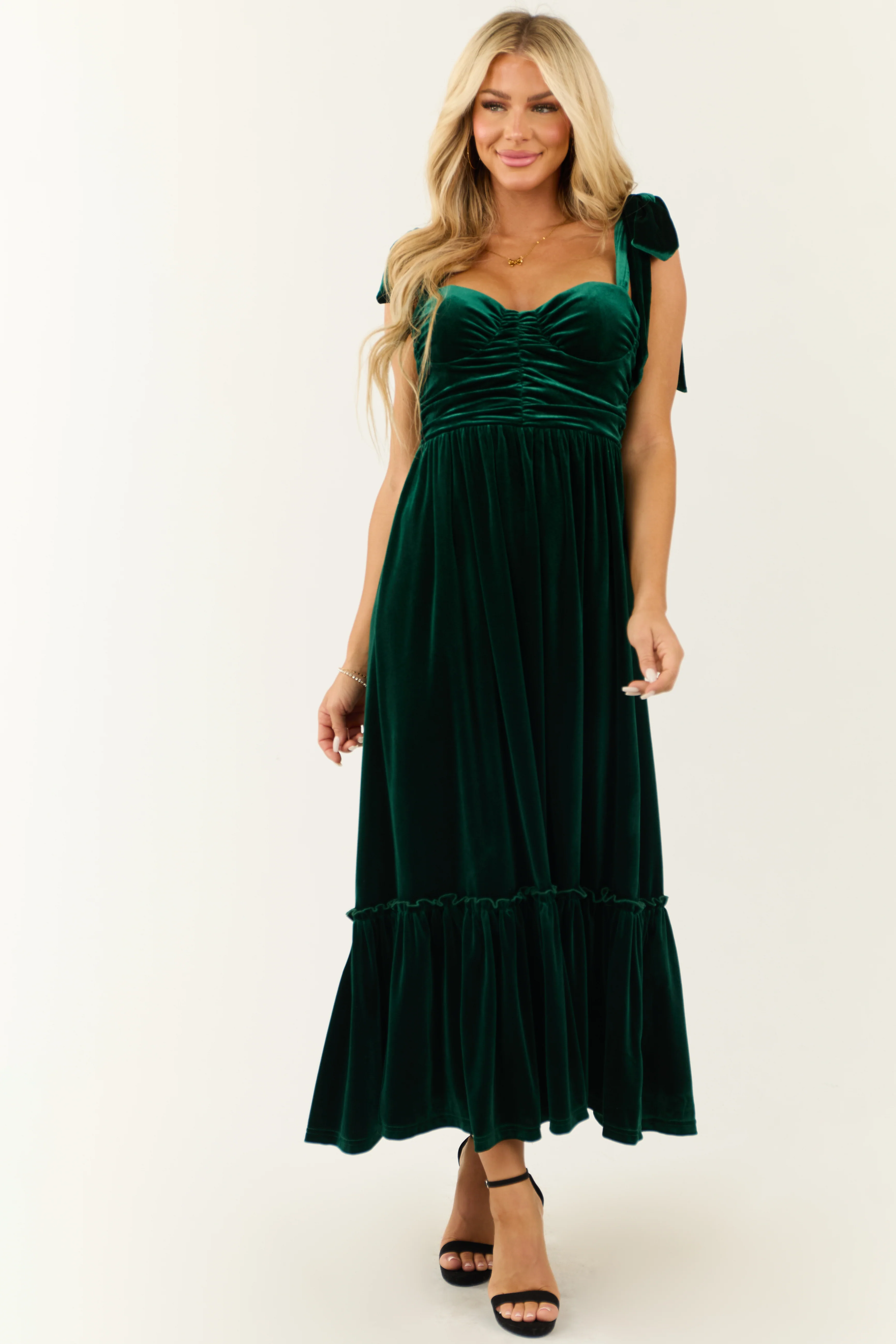 Deep Pine Velvet Tie Straps Ruched Maxi Dress - Image 3