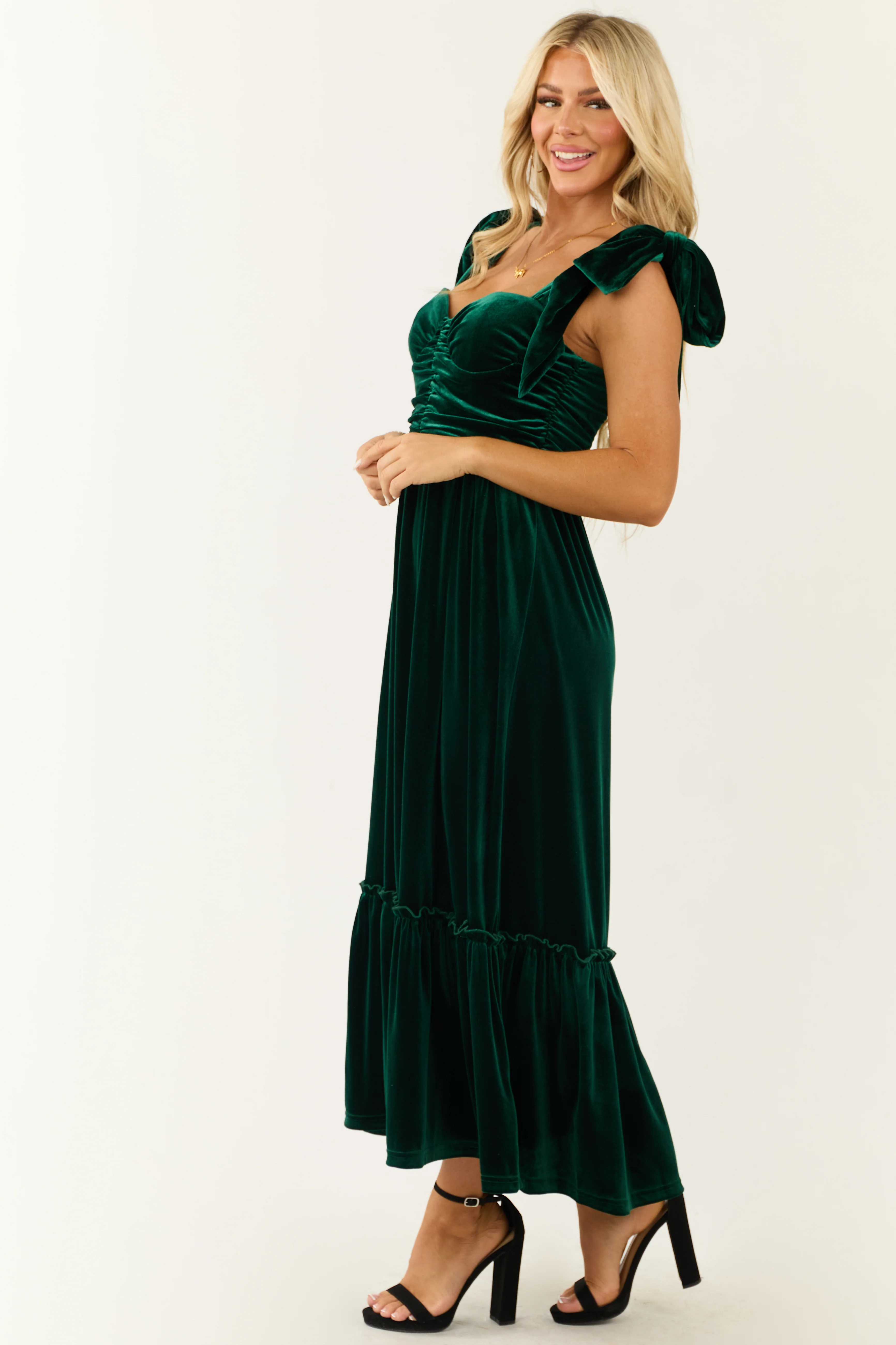 Deep Pine Velvet Tie Straps Ruched Maxi Dress - Image 5