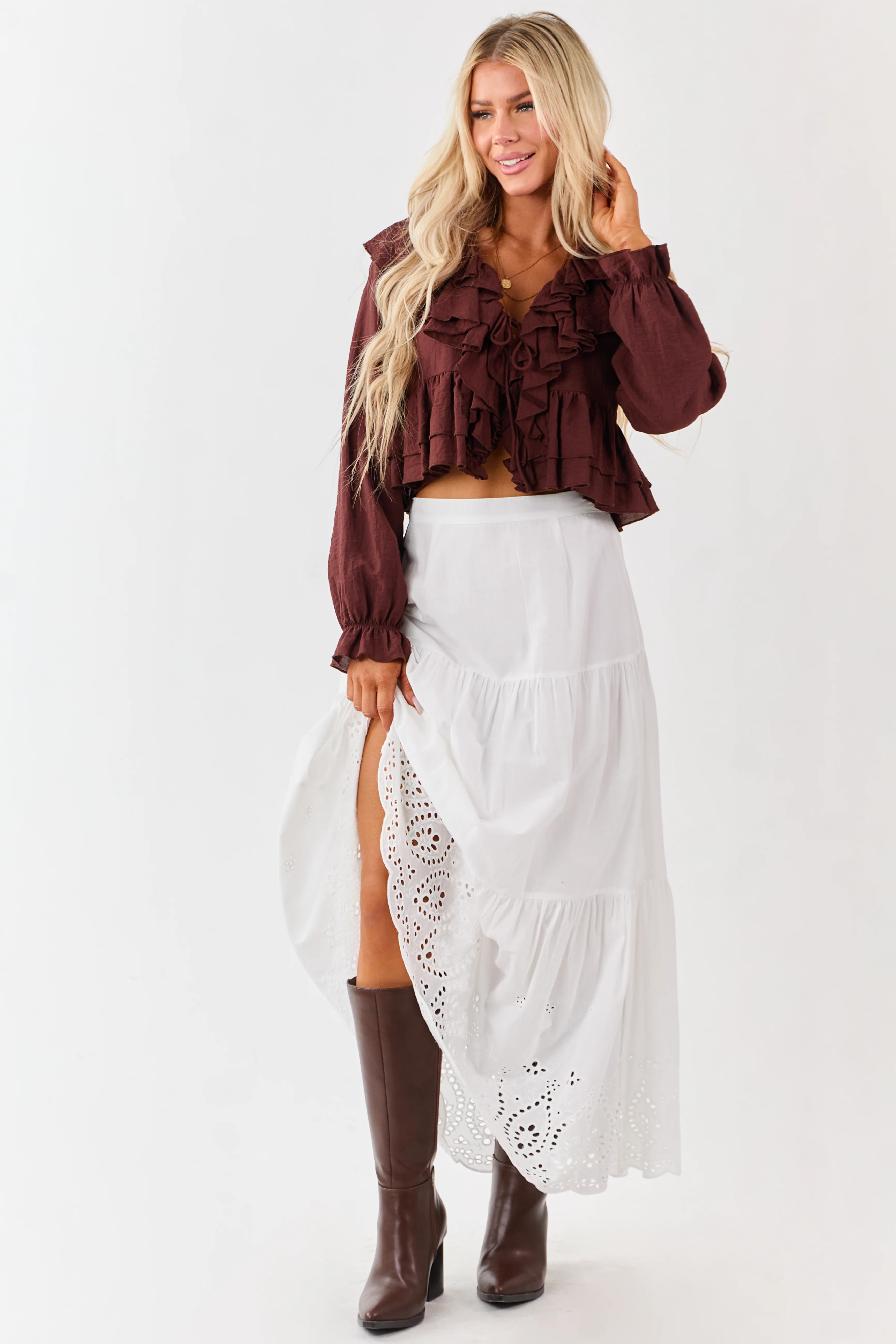 Deep Sienna Front Tie Ruffled Long Sleeve Top - Image 2