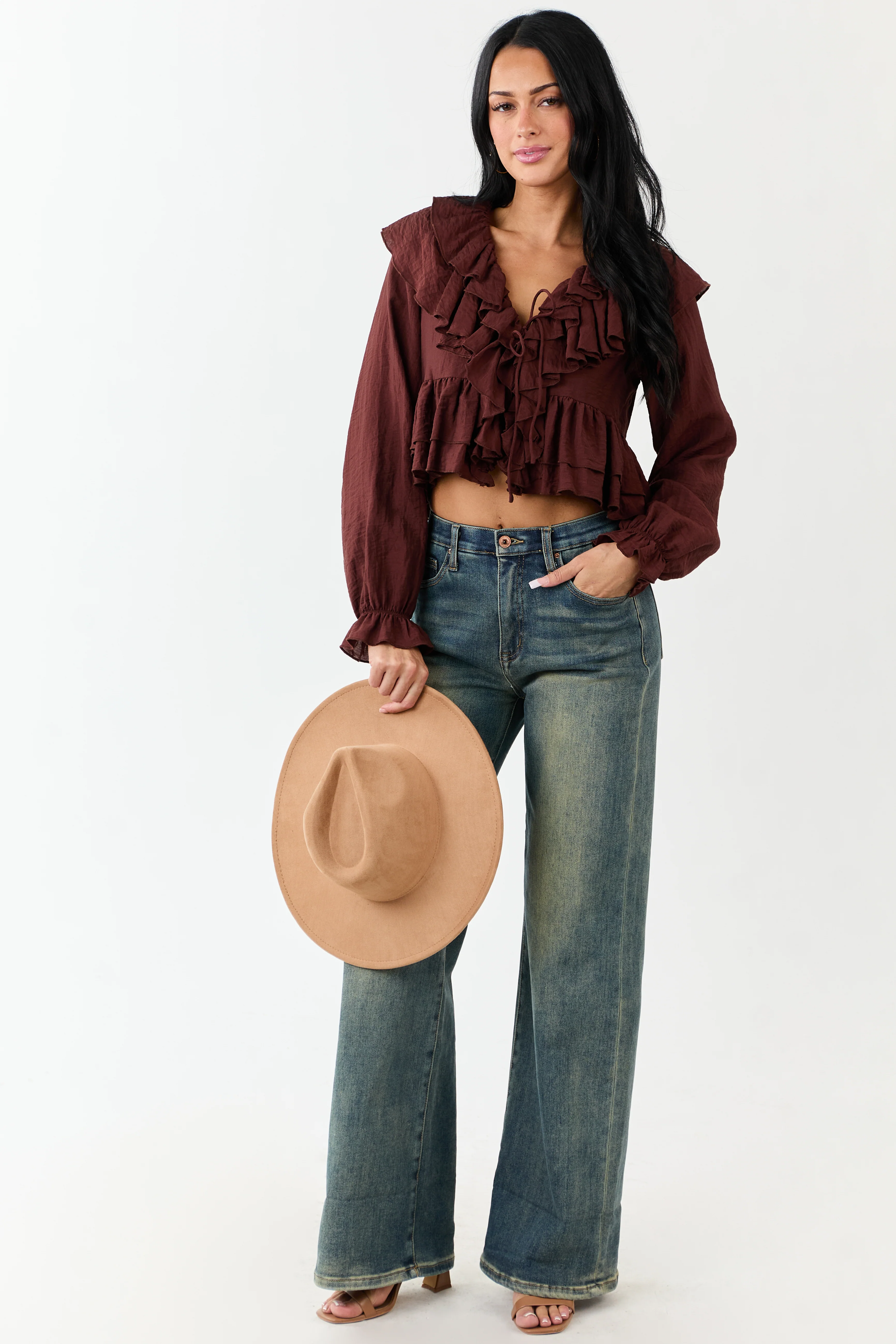 Deep Sienna Front Tie Ruffled Long Sleeve Top - Image 5