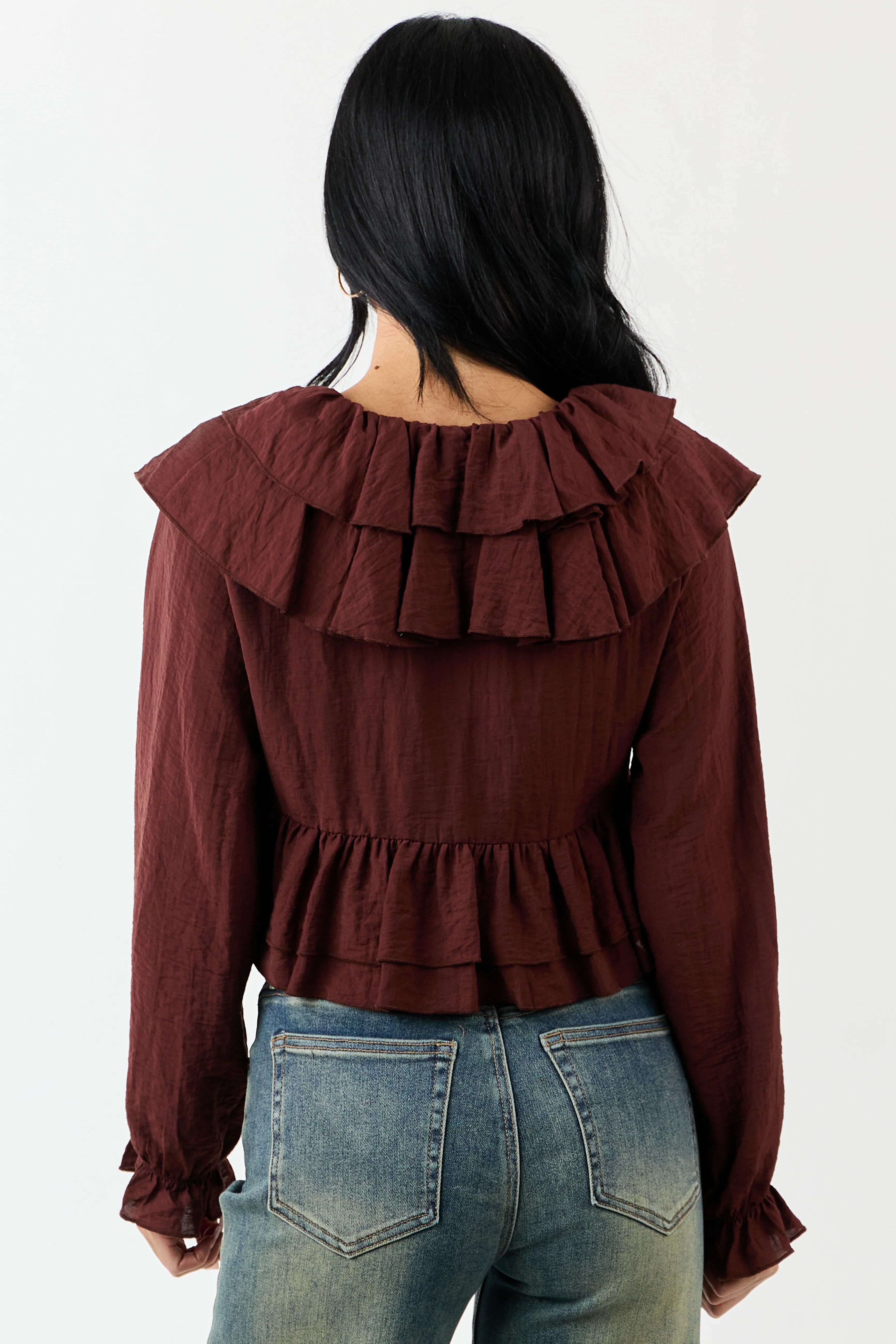 Deep Sienna Front Tie Ruffled Long Sleeve Top - Image 8