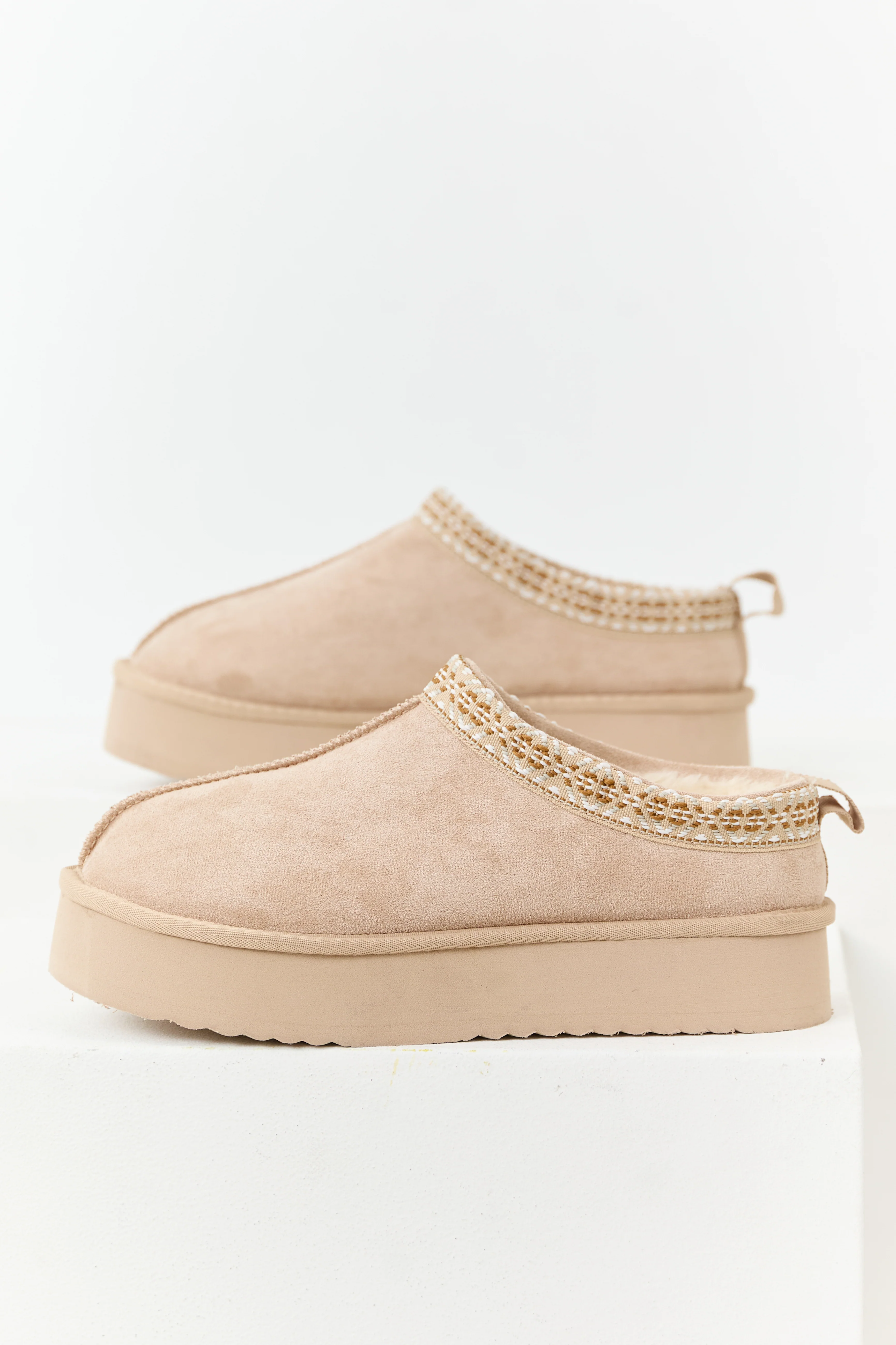 Desert Sand Faux Suede Fur Lined Platform Slippers