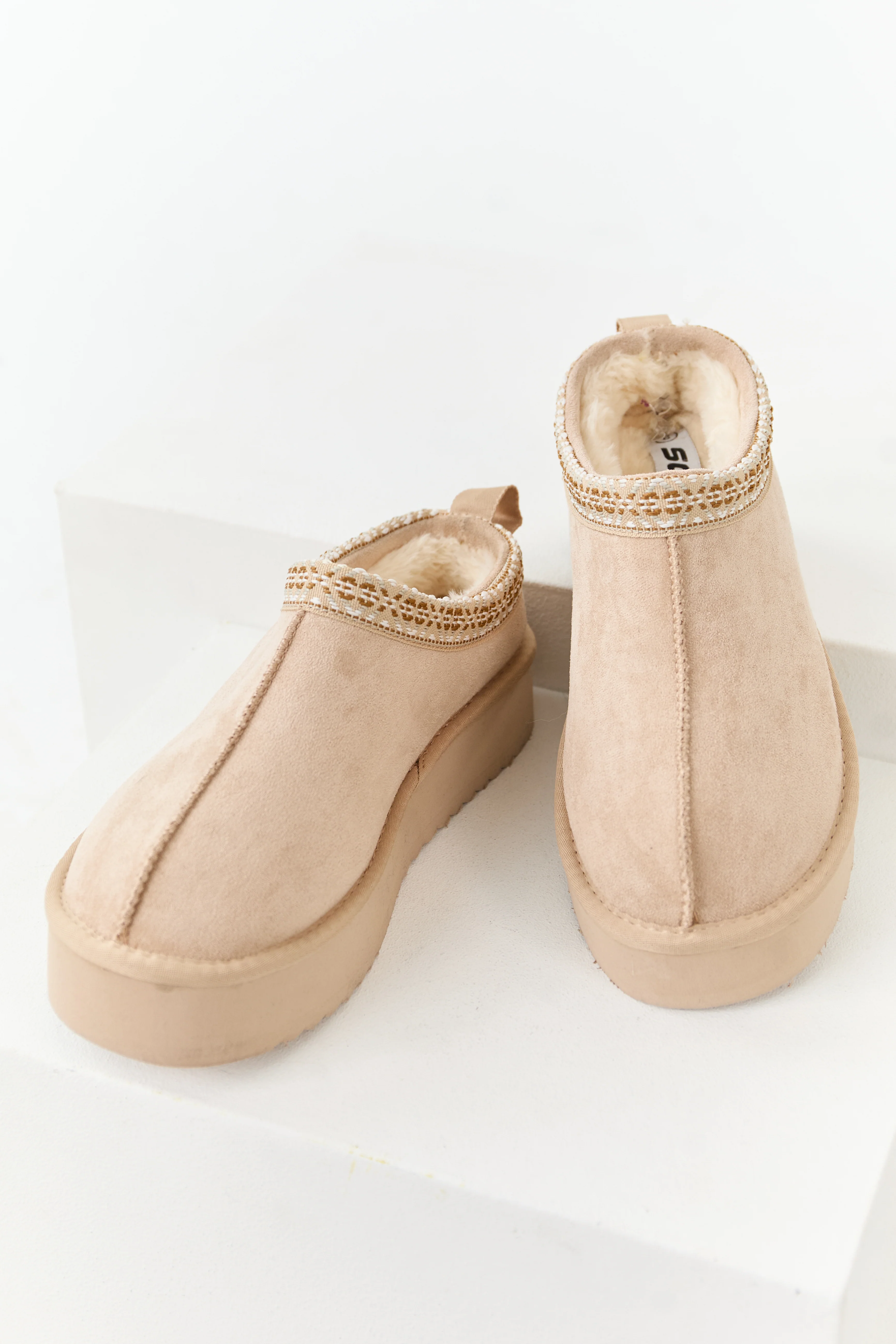 Desert Sand Faux Suede Fur Lined Platform Slippers - Image 2