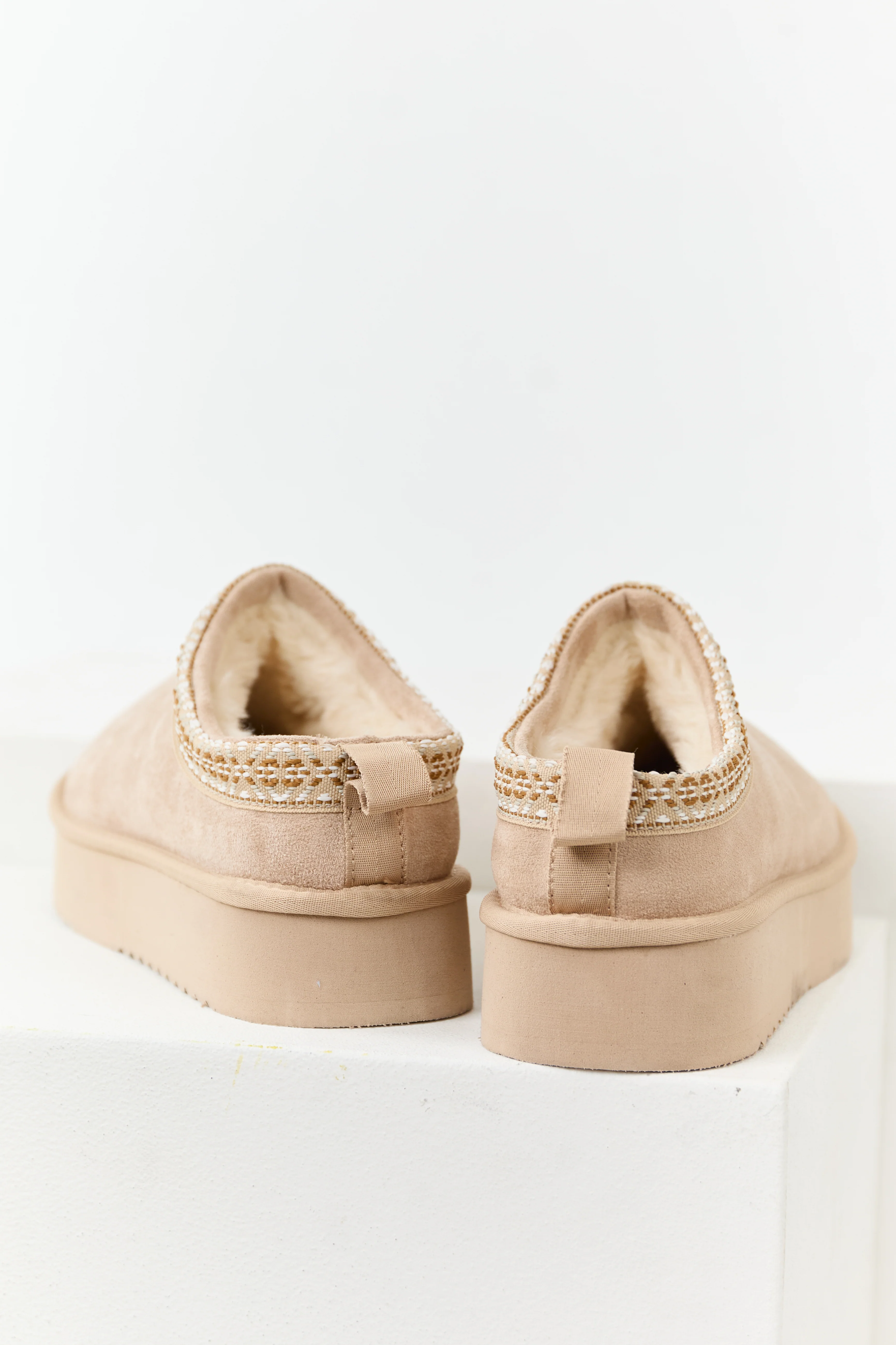 Desert Sand Faux Suede Fur Lined Platform Slippers - Image 3