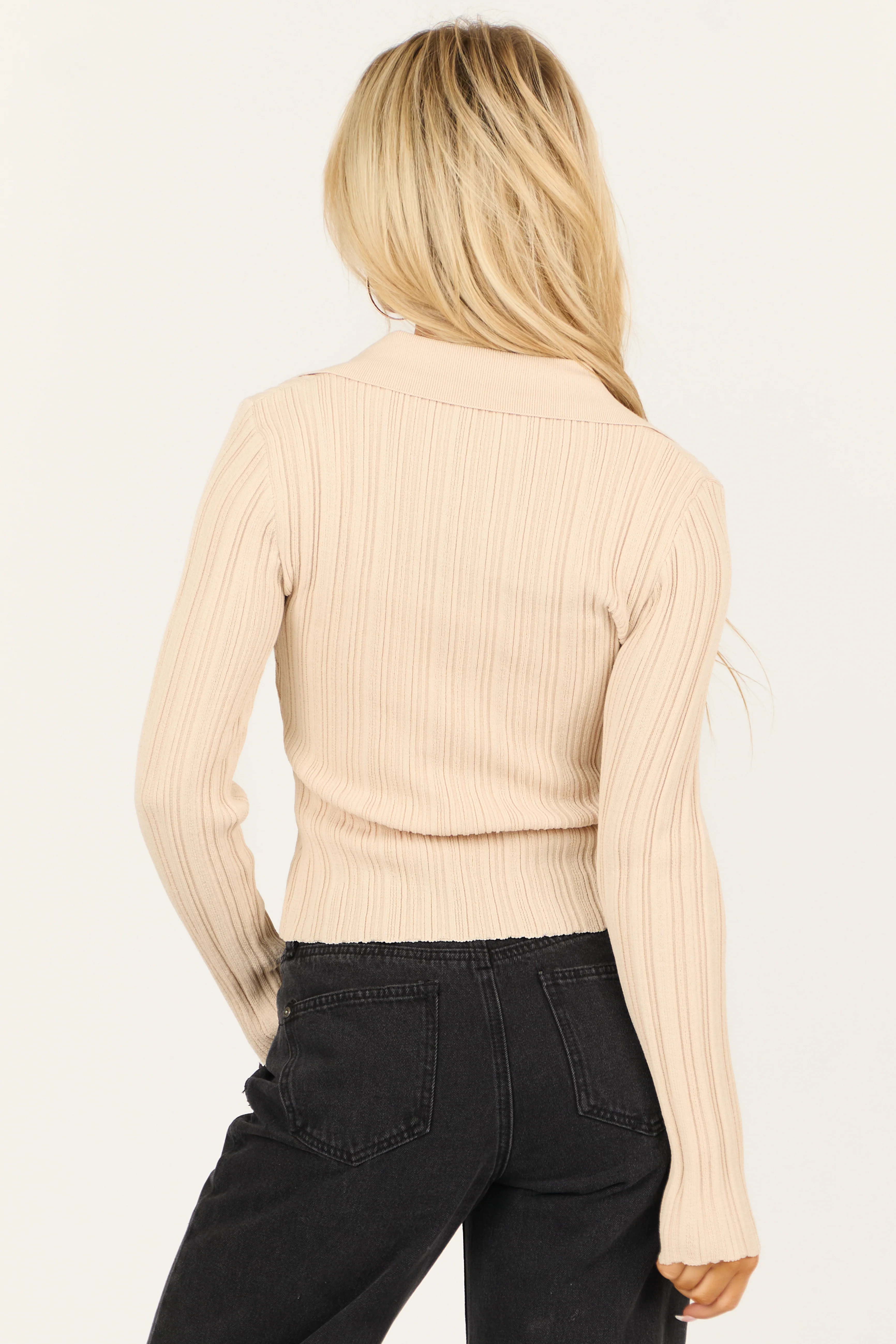 Desert Sand Front Tie Ribbed Long Sleeve Top - Image 6