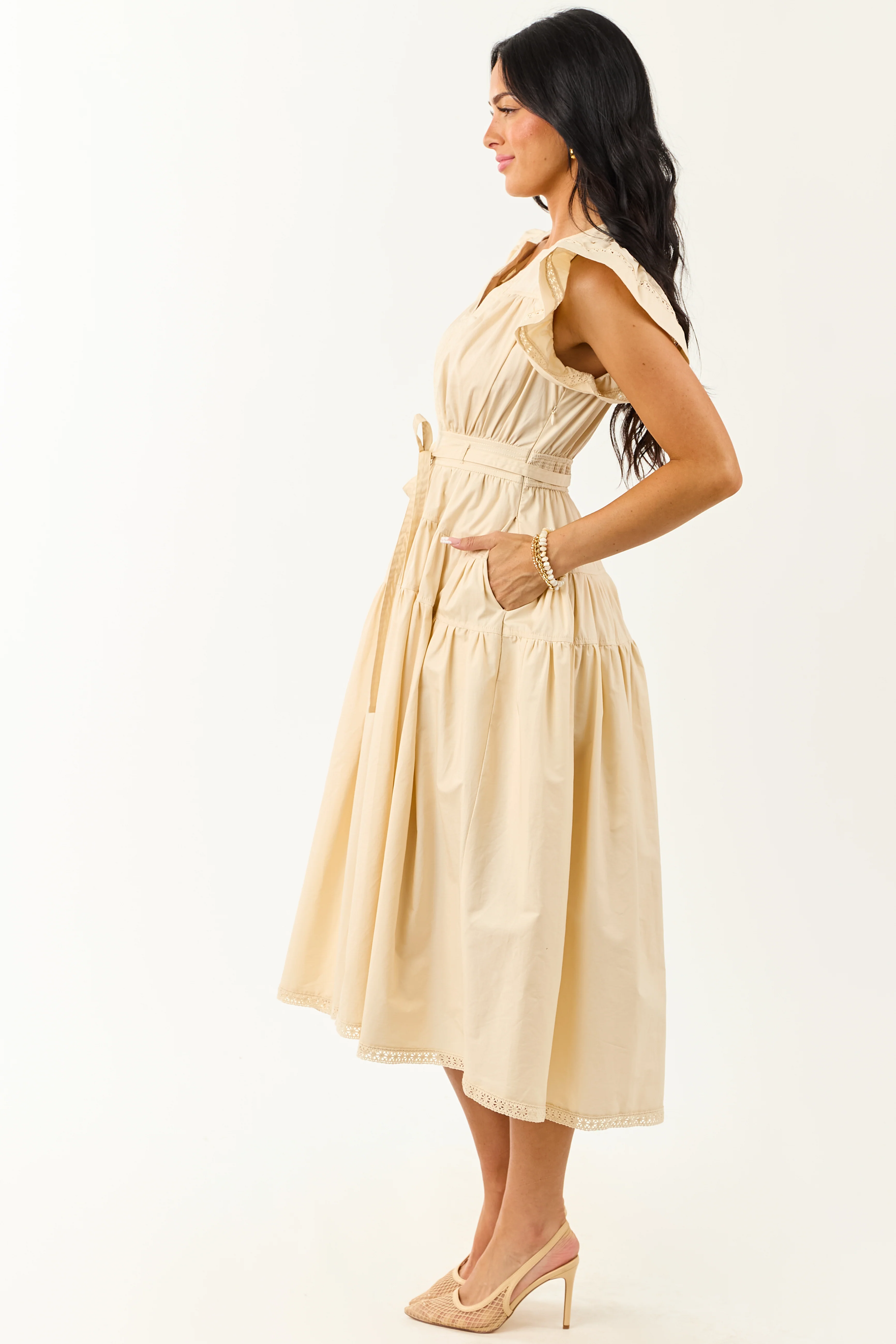 Desert Sand Lace Trim Ruffle Sleeve Cotton Midi Dress - Image 4