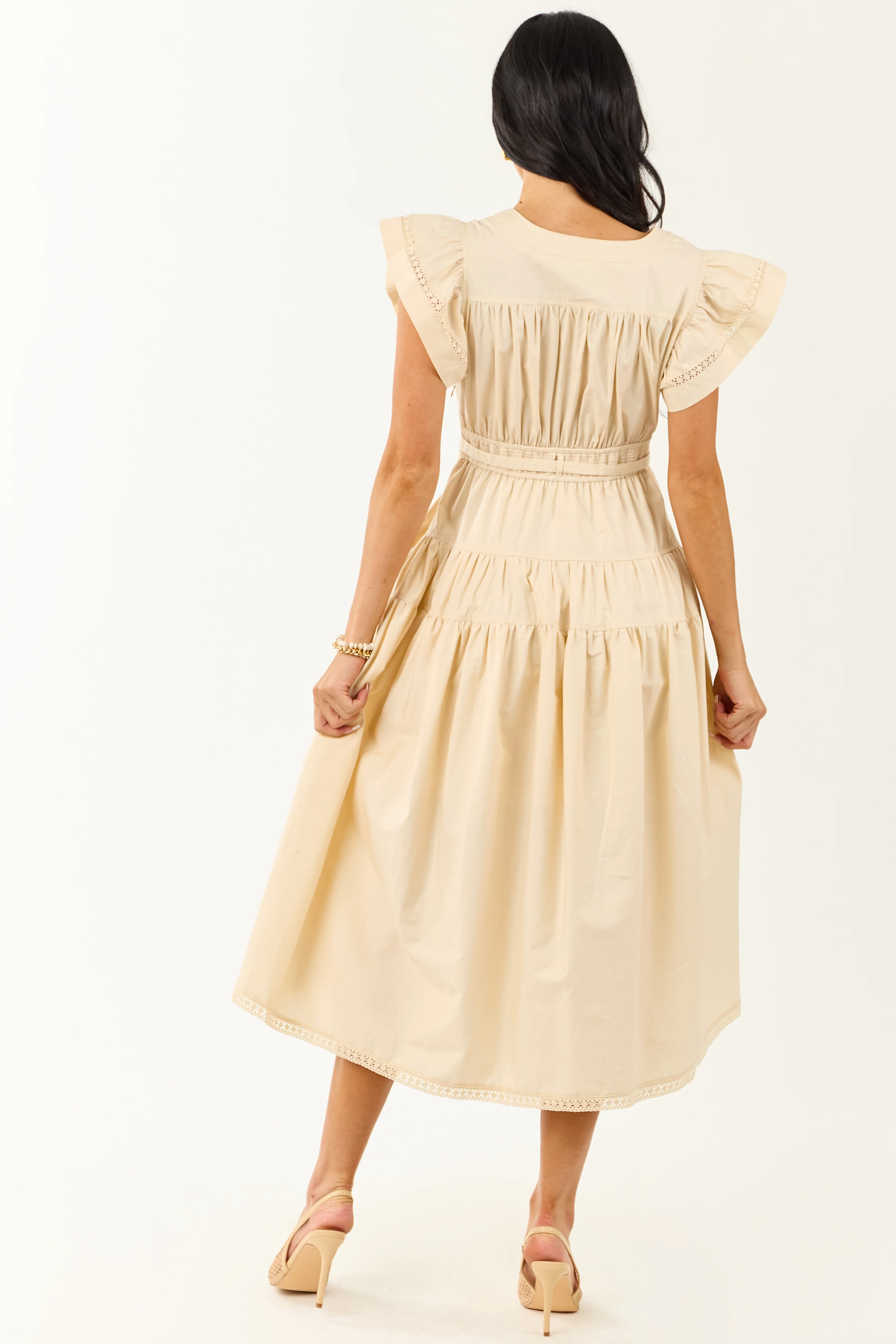 Desert Sand Lace Trim Ruffle Sleeve Cotton Midi Dress - Image 5