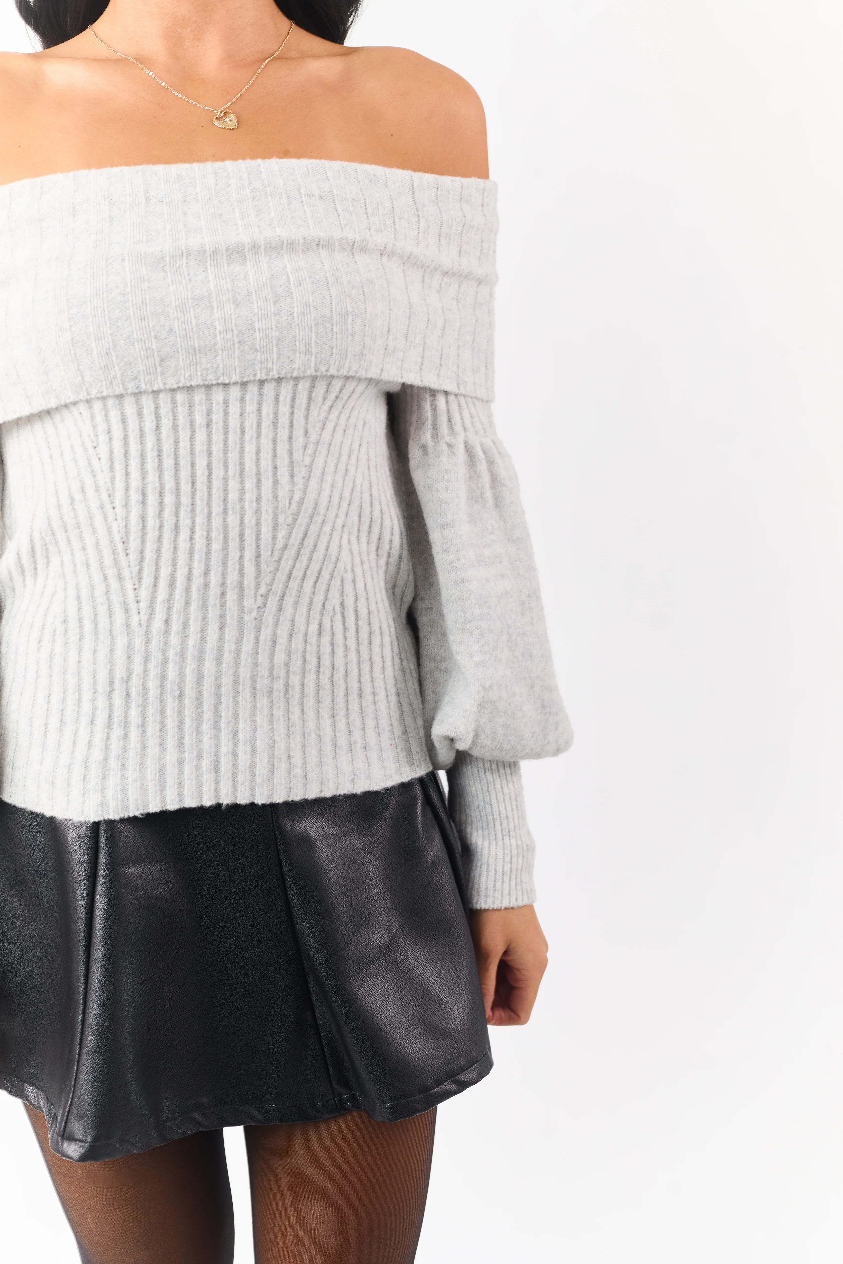 Dove Grey Off Shoulder Long Puff Sleeve Sweater - Image 7