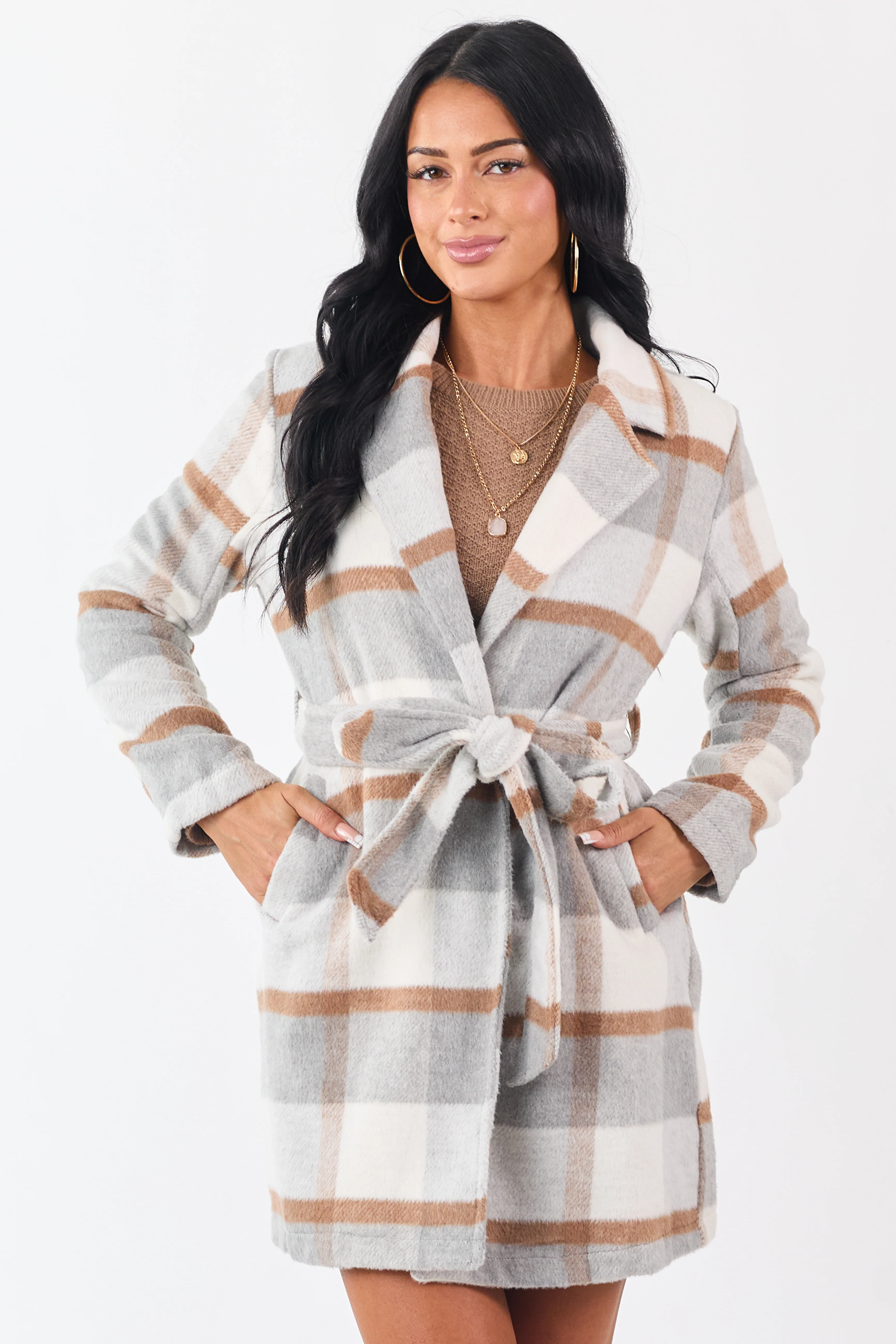 Dove Grey Open Front Plaid Waist Tie Jacket - Image 2