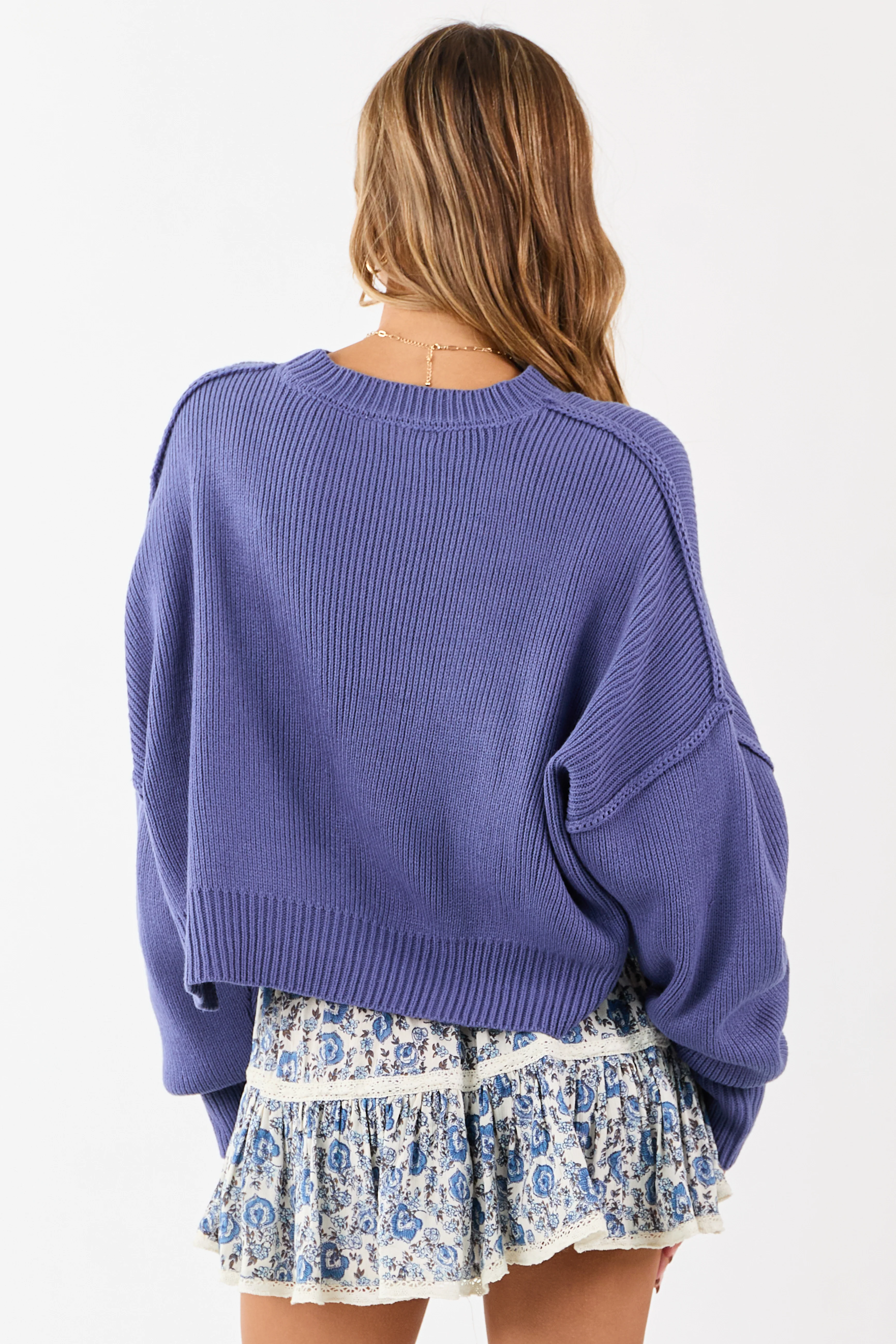 Dusty Blue Boxy Drop Shoulder Crop Rib Knit Sweater - Image 5
