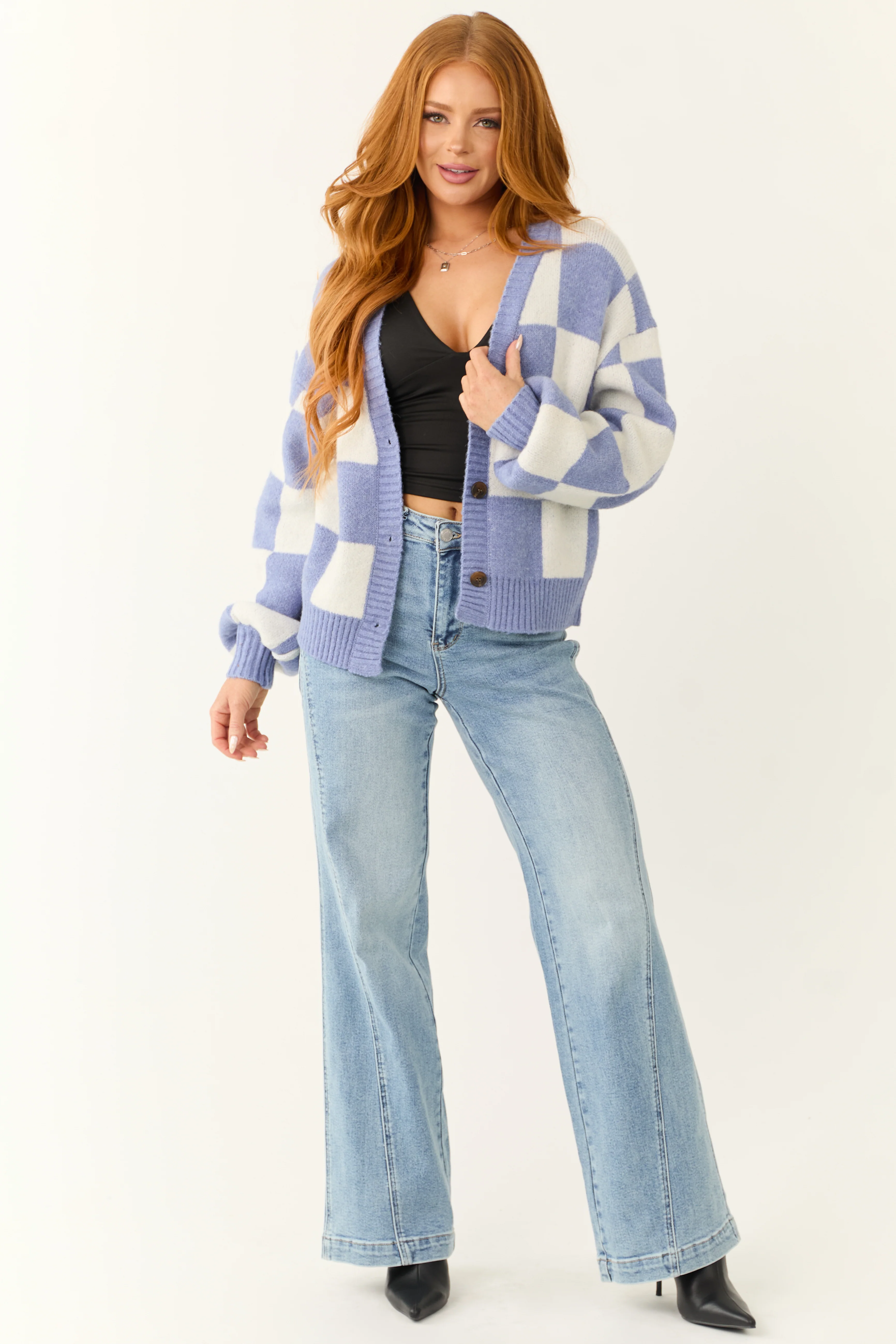 Dusty Blue and Ivory Checkered Print Cardigan - Image 4