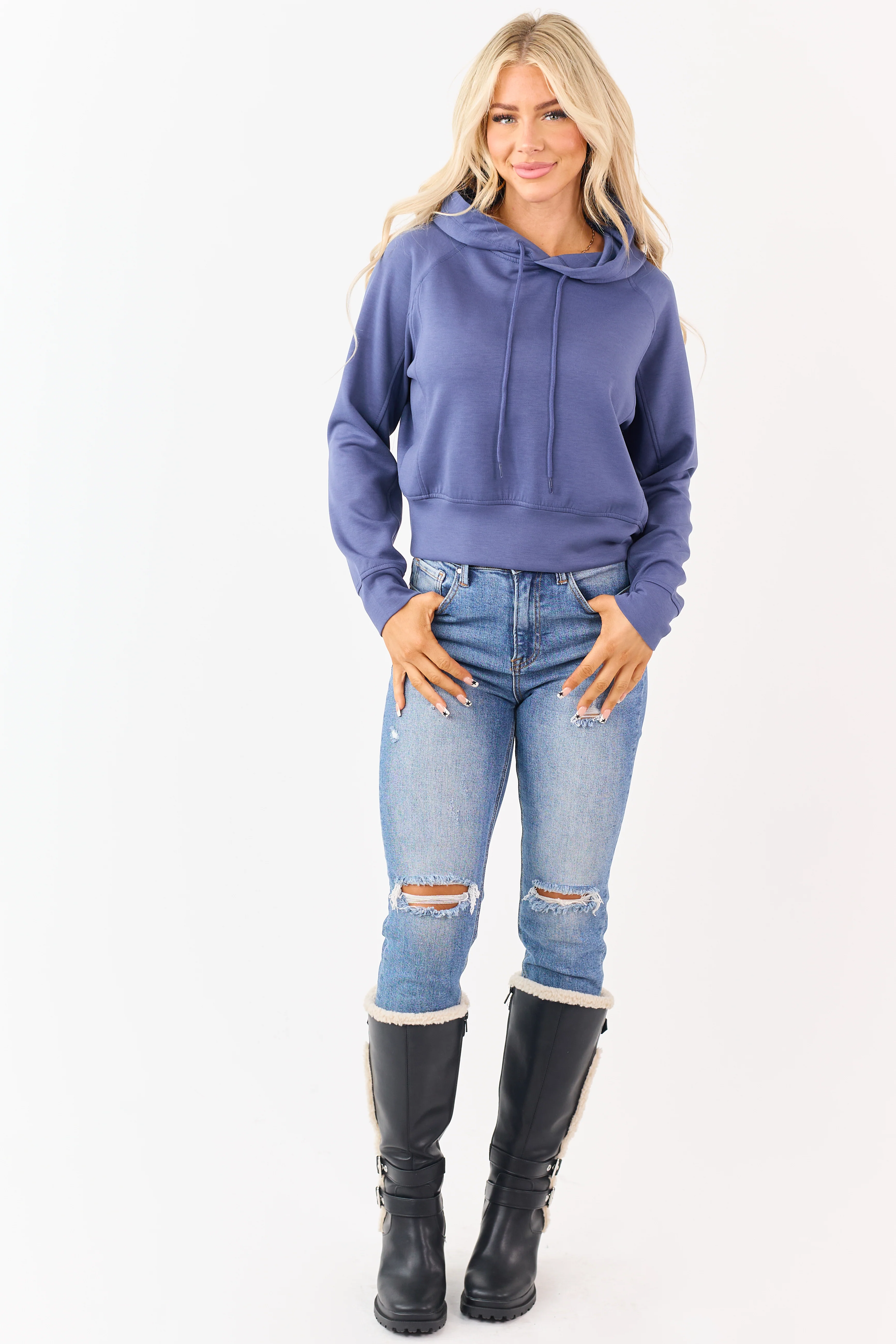 Dusty Blue Soft Scuba Knit Drawstring Hoodie - Image 2