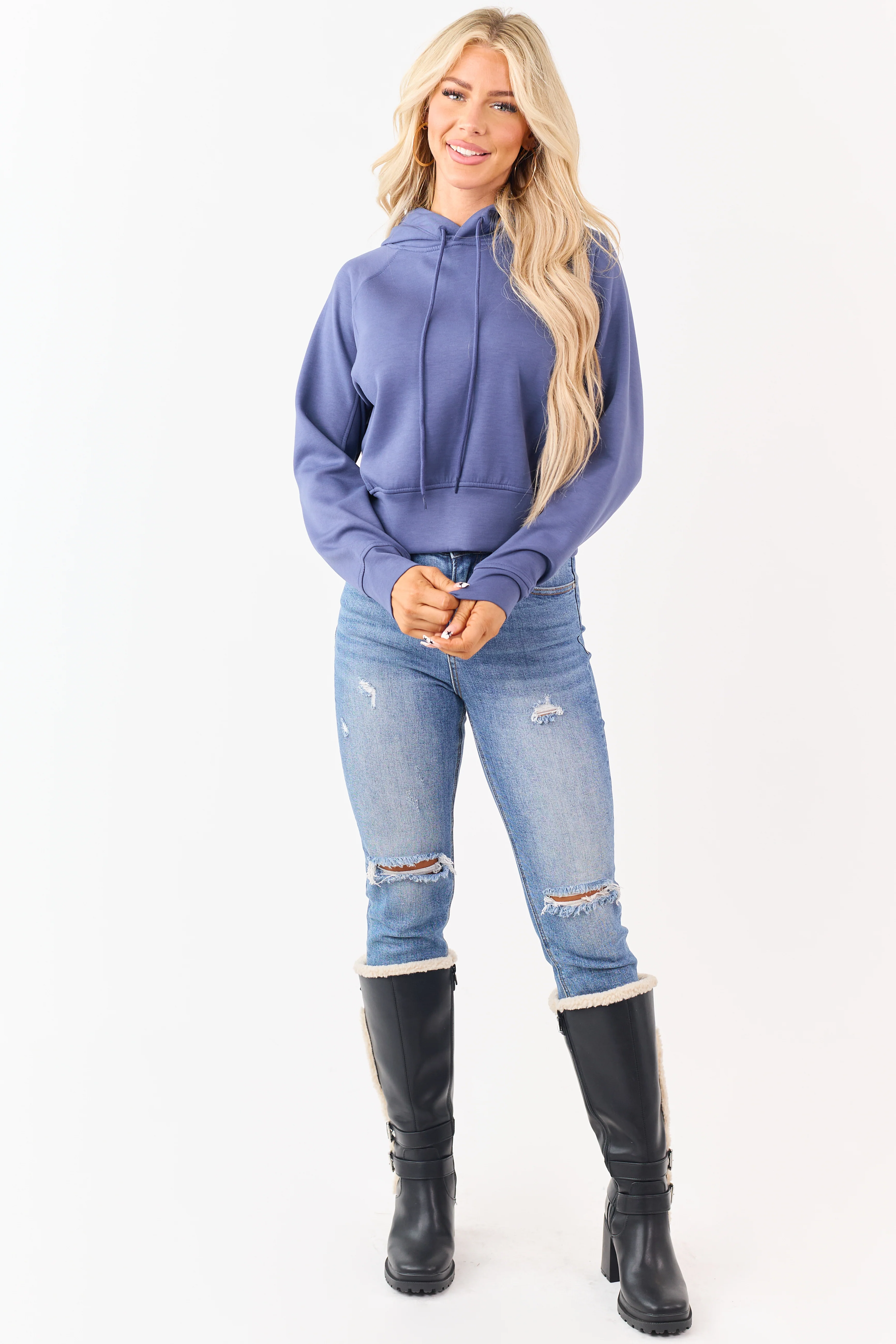 Dusty Blue Soft Scuba Knit Drawstring Hoodie - Image 3