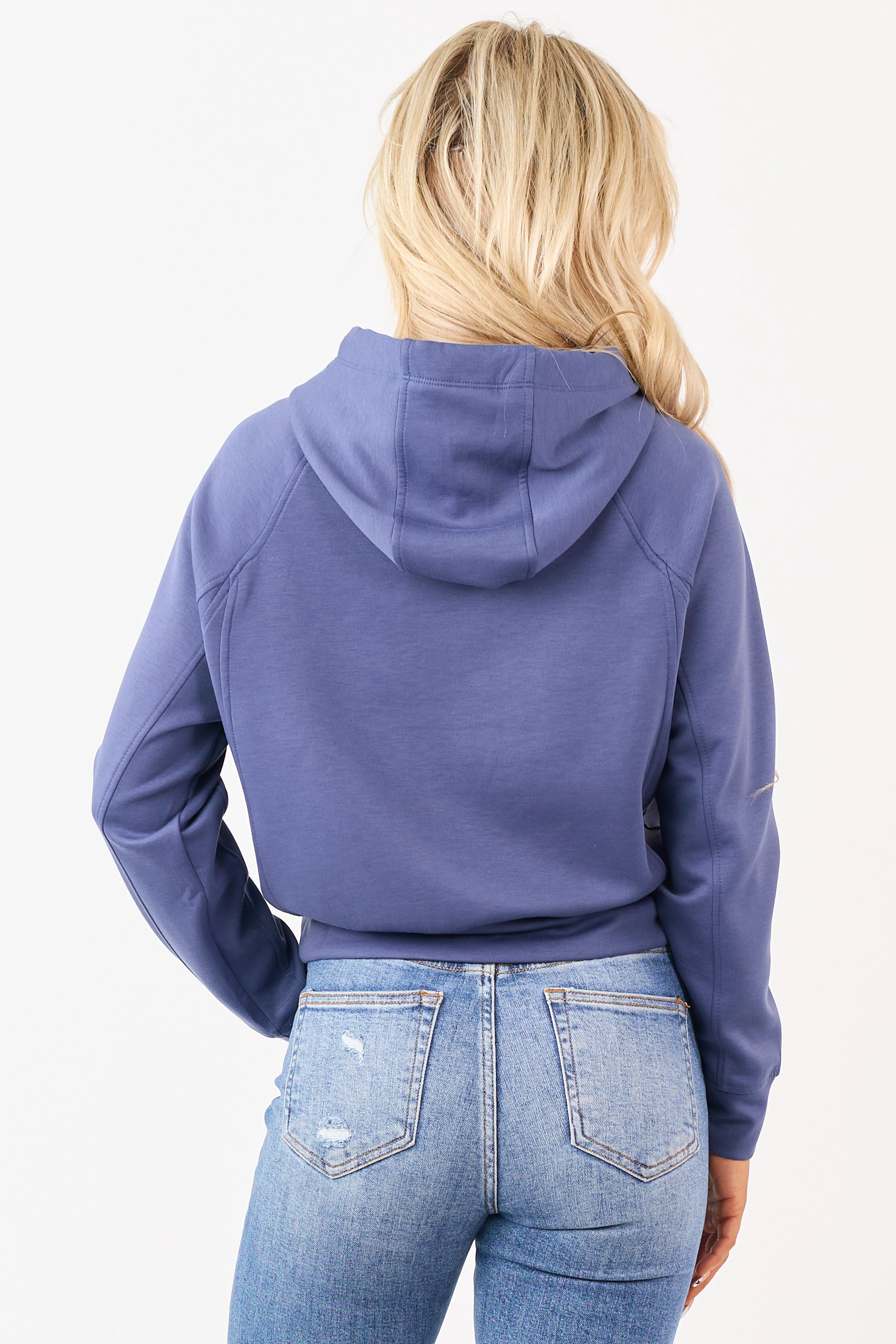 Dusty Blue Soft Scuba Knit Drawstring Hoodie - Image 5