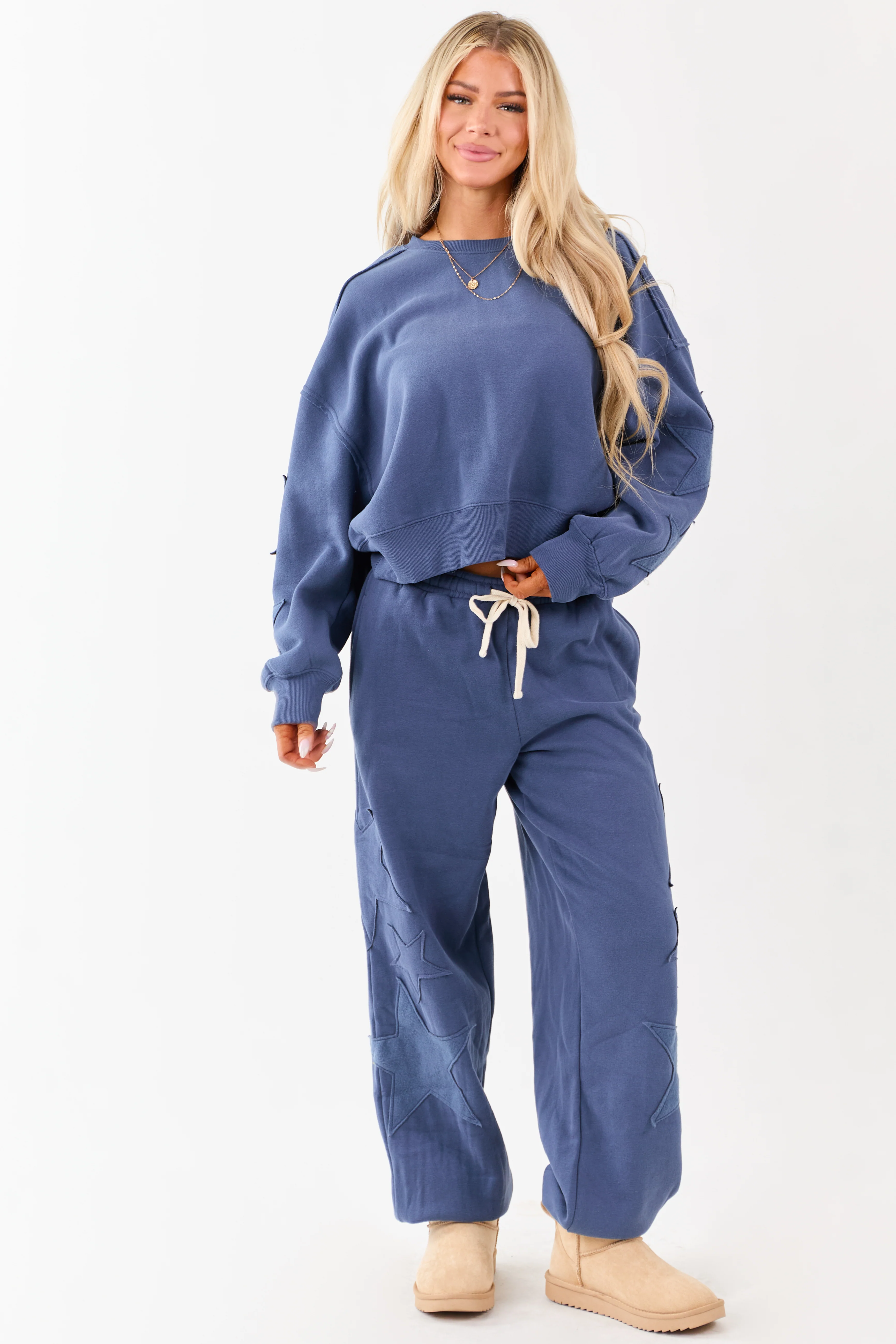 Dusty Blue Star Patch Drawstring Jogger Sweatpants