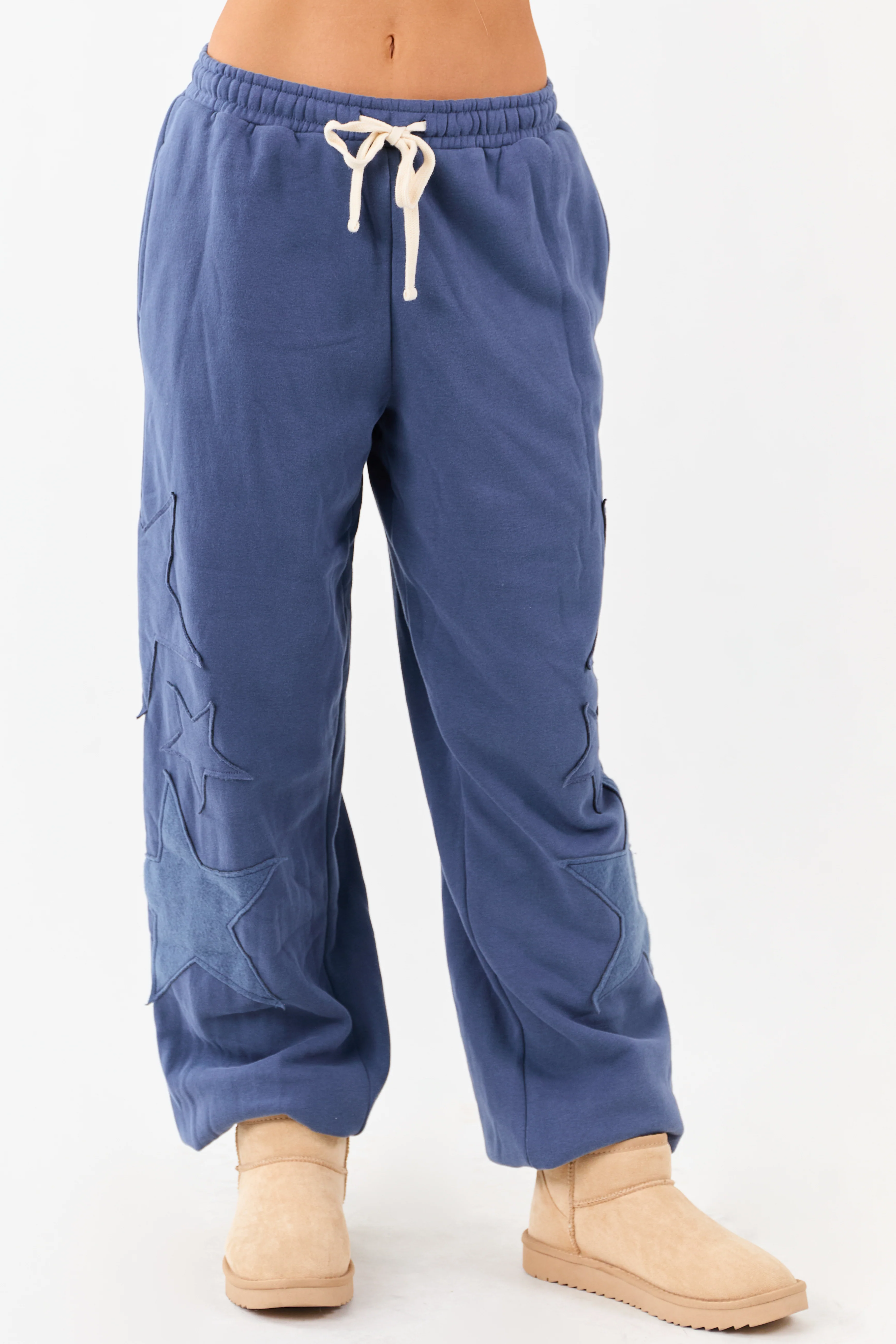 Dusty Blue Star Patch Drawstring Jogger Sweatpants - Image 3