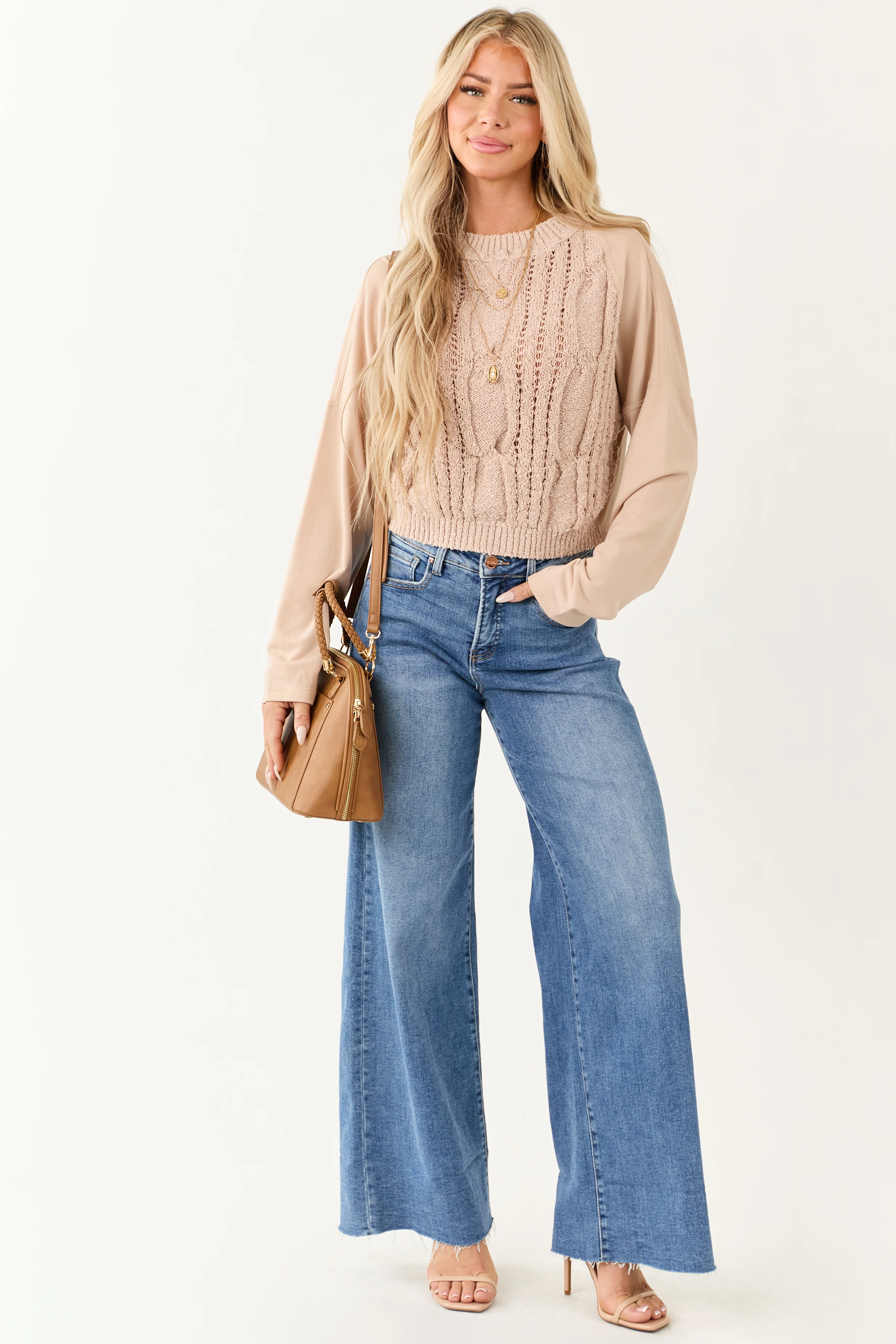 Dusty Blush Contrast Sleeve French Terry Knit Sweater - Image 5