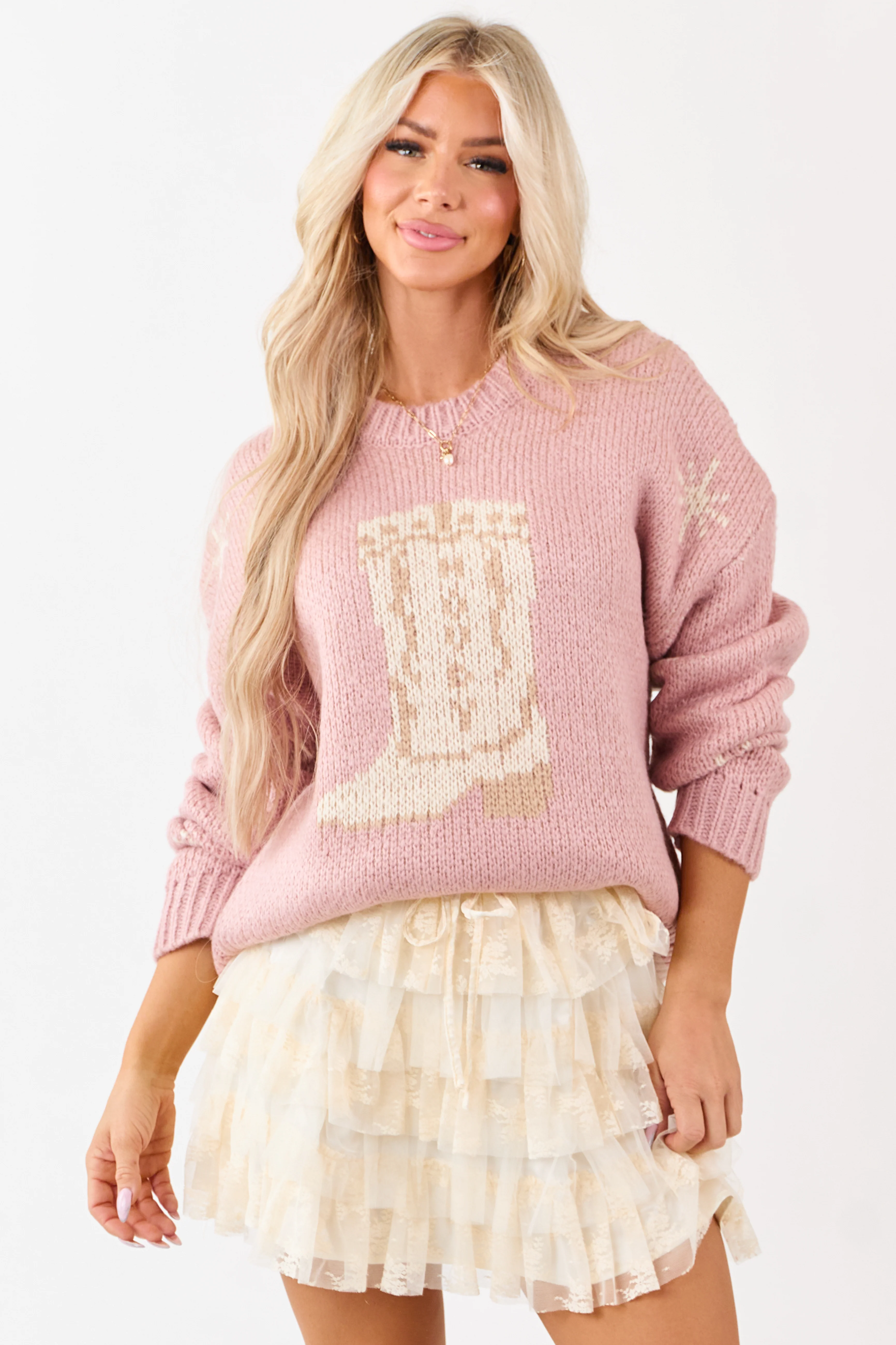 Dusty Blush Cowgirl Boot Graphic Sweater - Image 2