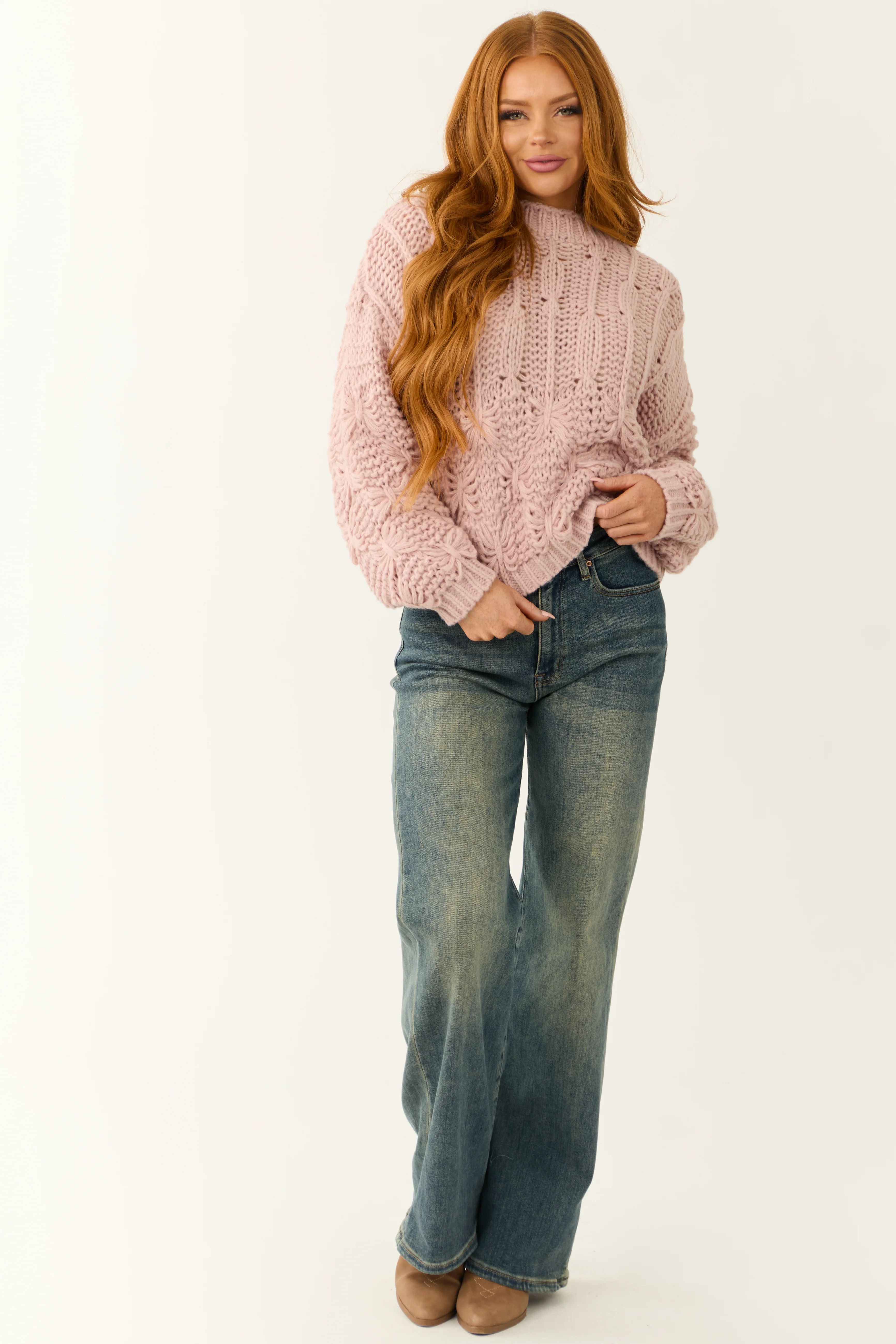 Dusty Blush Long Puff Sleeve Knit Sweater - Image 3
