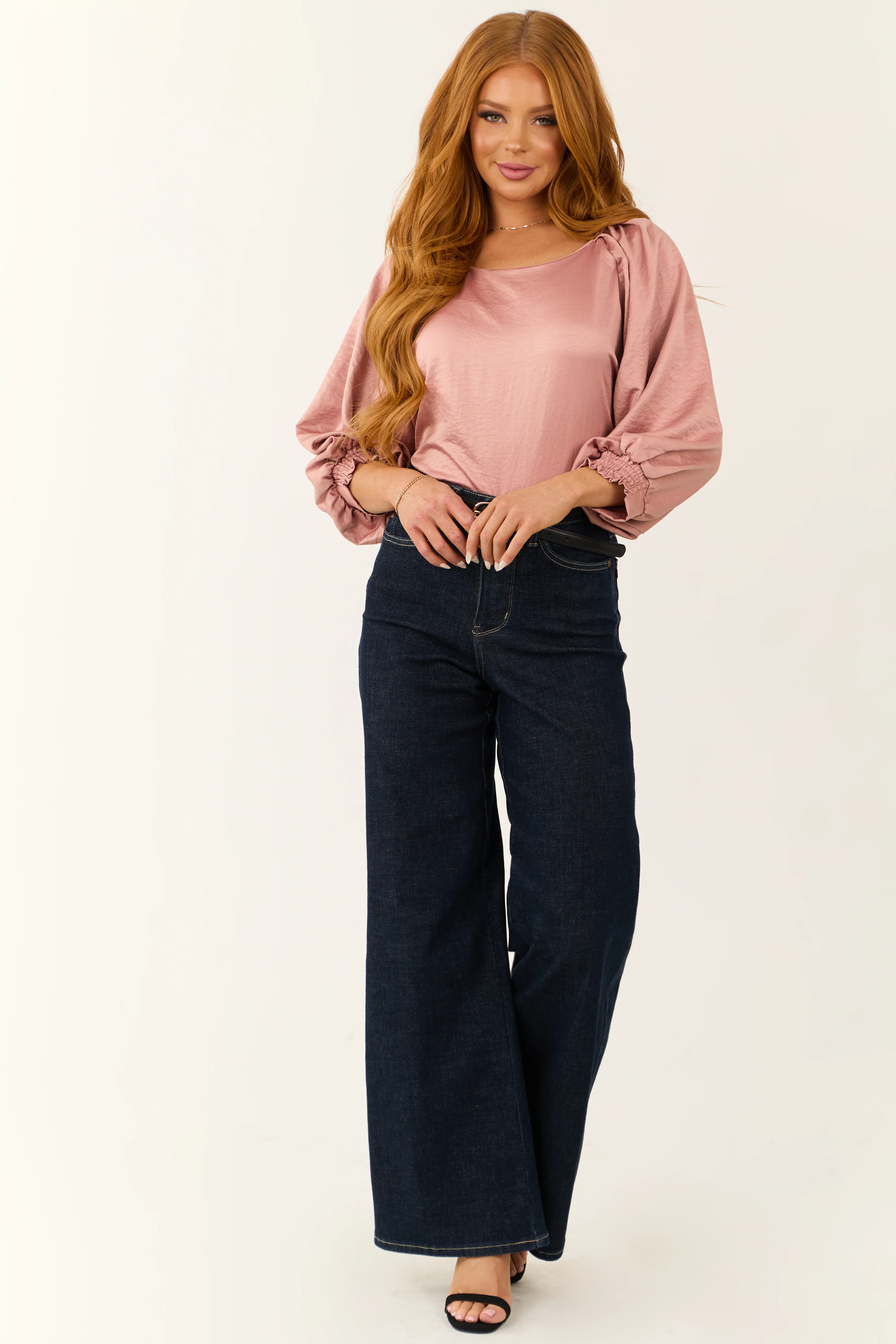 Dusty Blush Ruched Shoulder Long Sleeve Top - Image 3