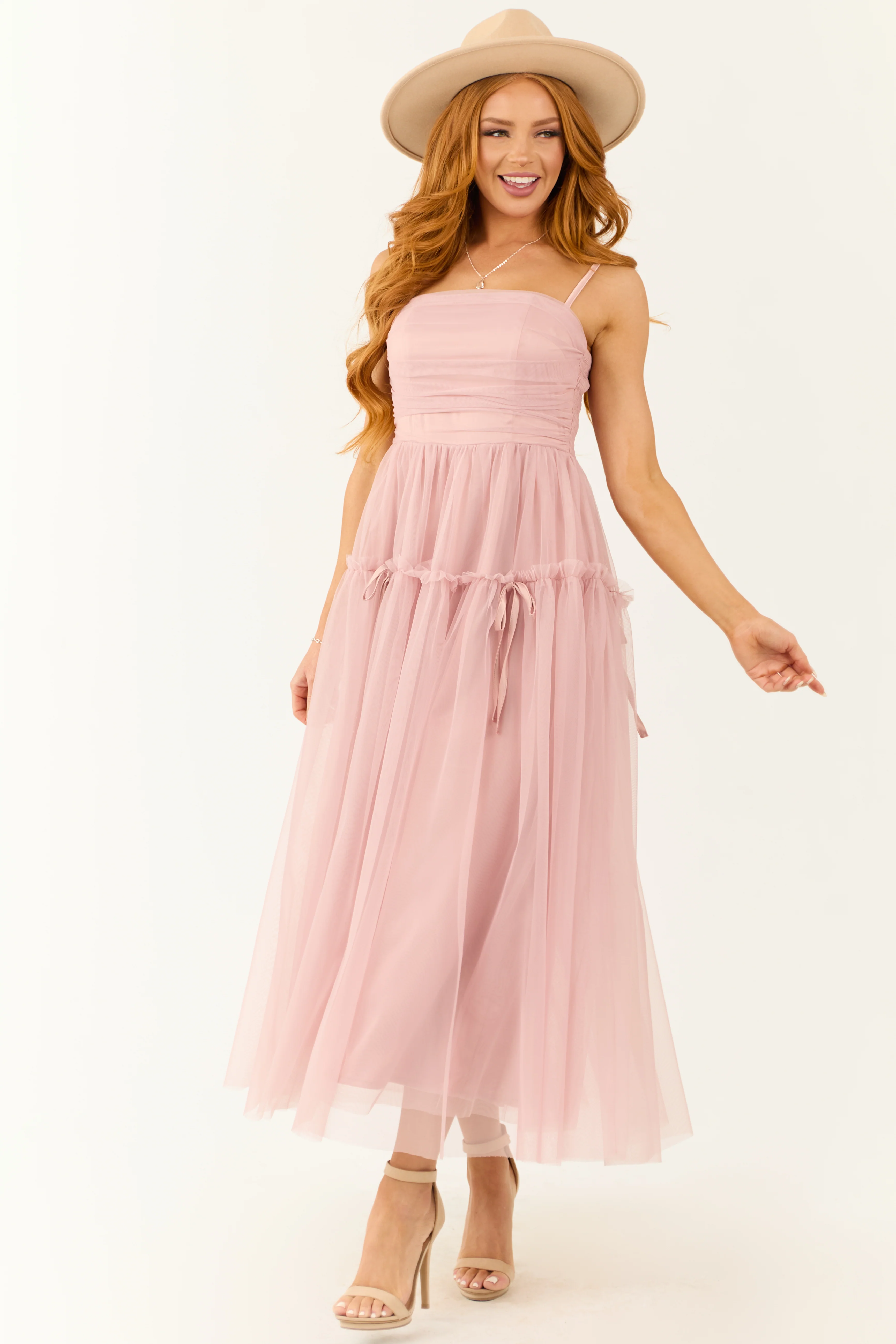 Dusty Blush Square Neck Ruched Maxi Dress - Image 4