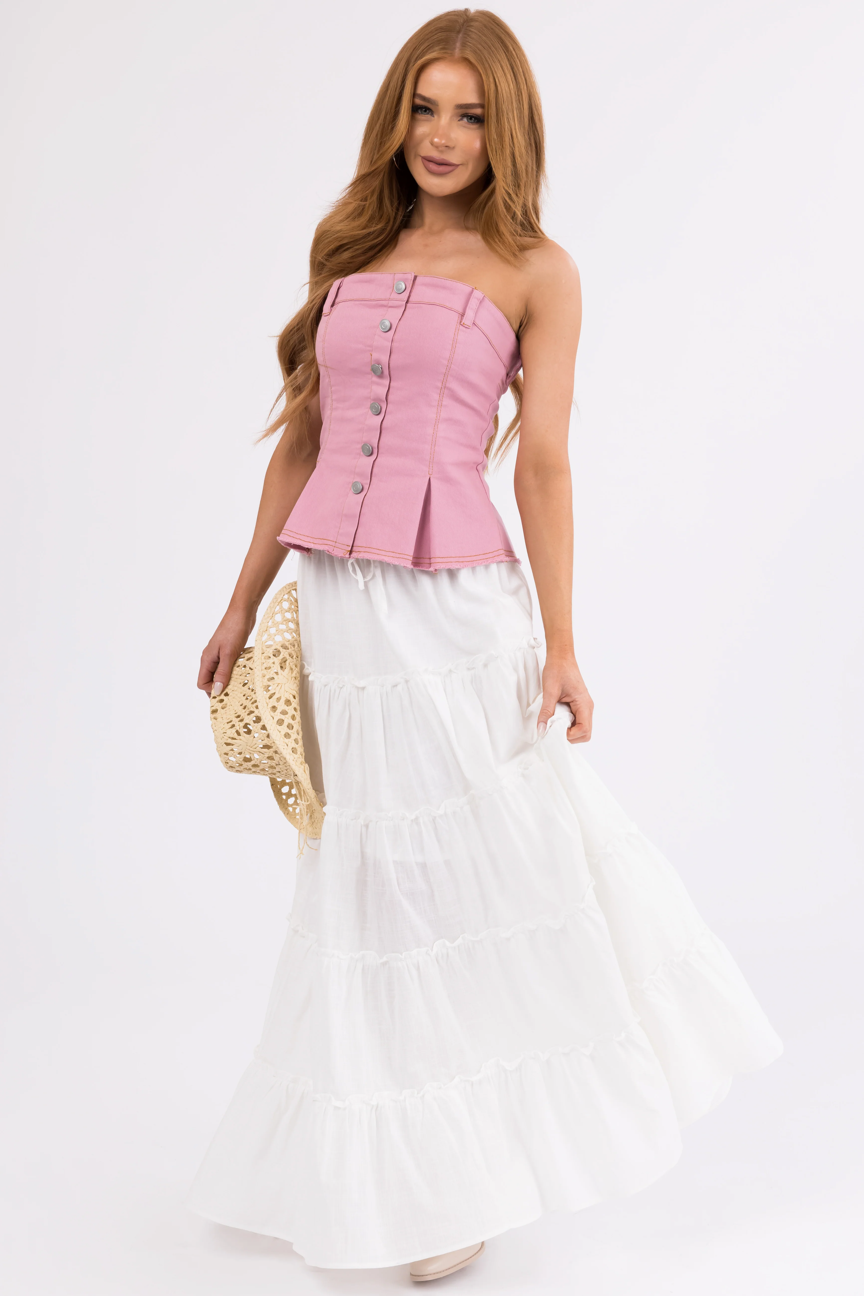 Dusty Blush Strapless Denim Button Corset Top - Image 5