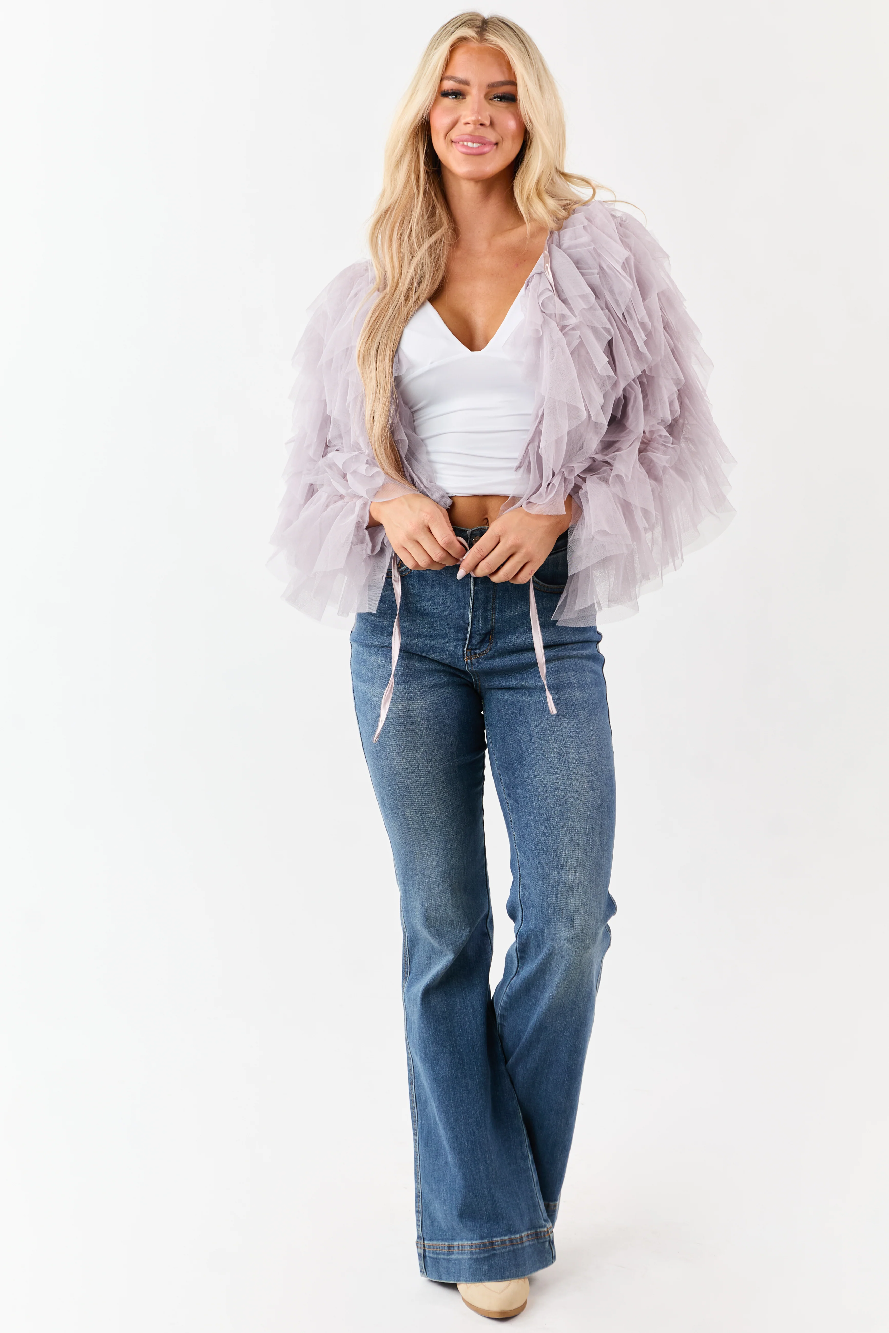 Dusty Lavender Tulle Ruffle Cropped Cardigan - Image 3