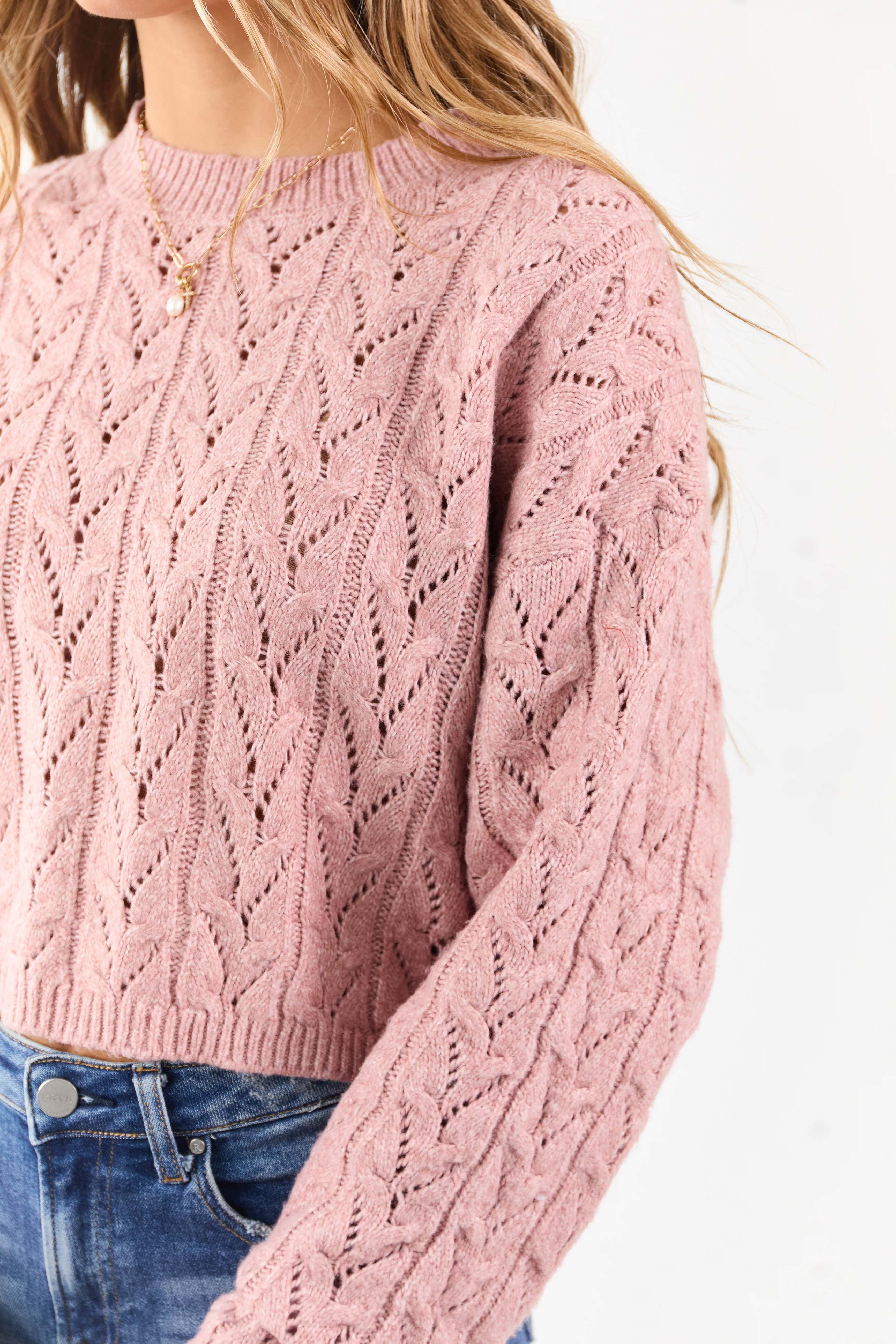 Dusty Rose Cable Knit Boxy Pointelle Sweater - Image 2