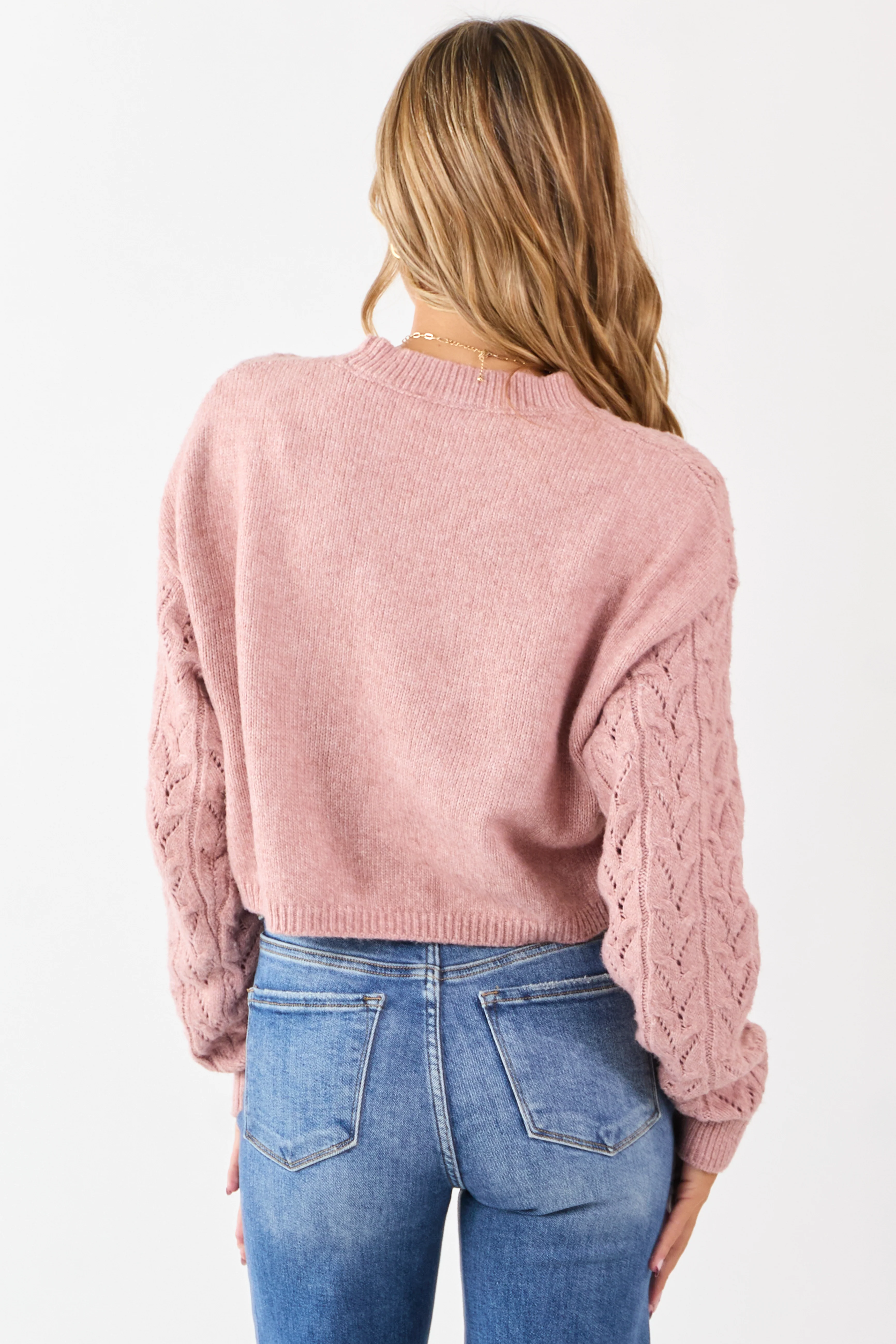 Dusty Rose Cable Knit Boxy Pointelle Sweater - Image 6
