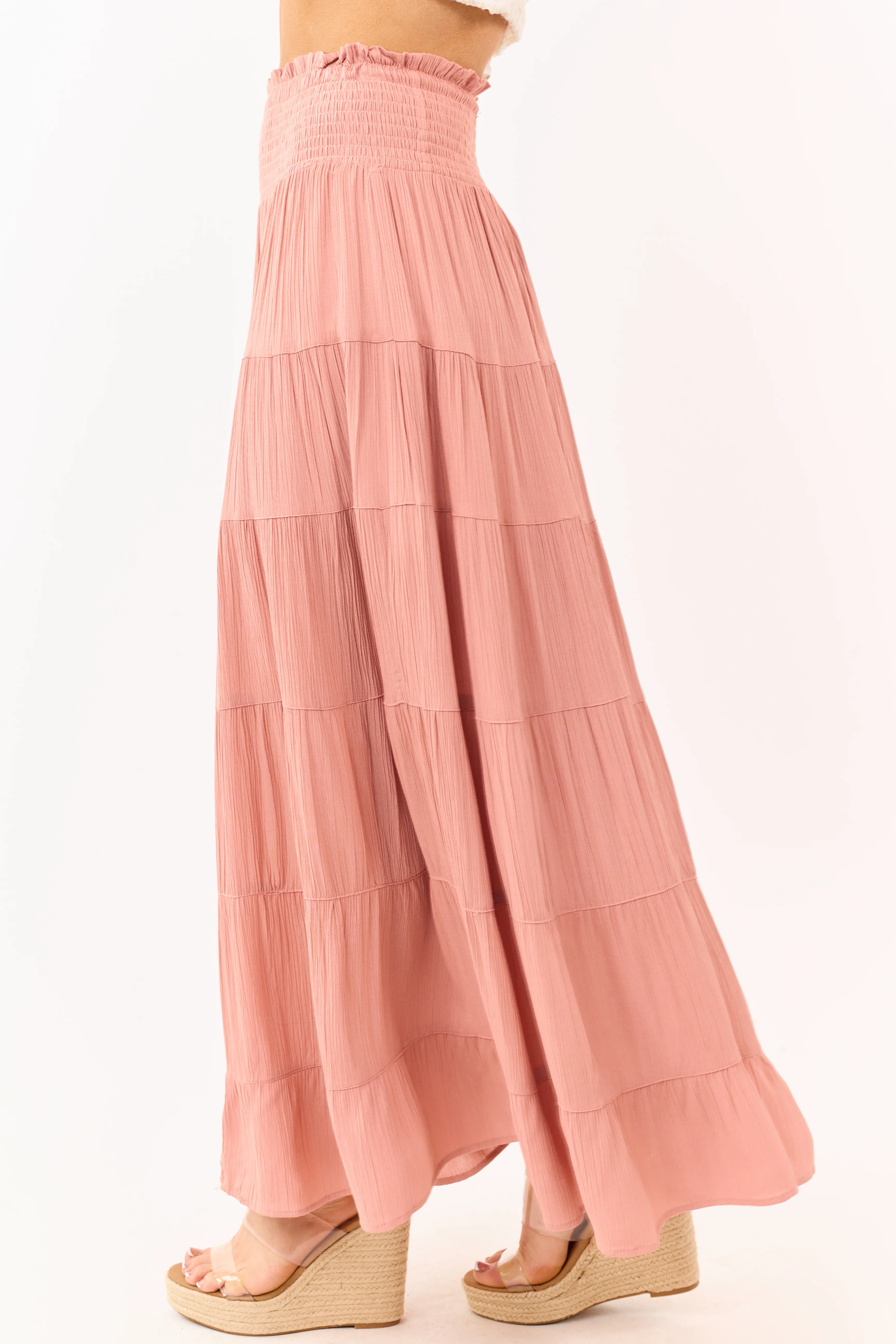 Dusty Rose Smocked Waist Tiered Maxi Skirt - Image 3